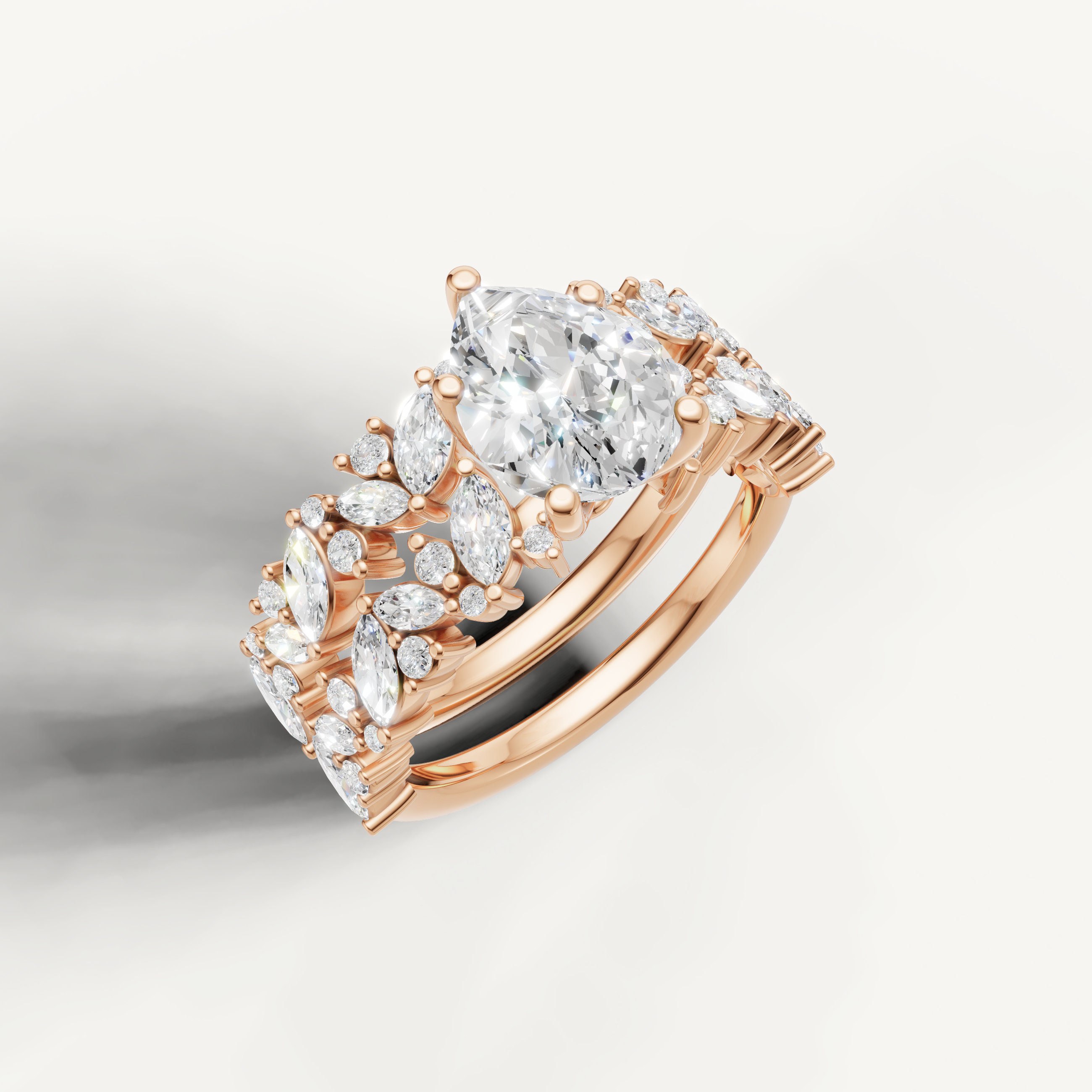 Romantic Pear Diamond Bridal Ring Set with Marquise Diamond Accents Rose Gold