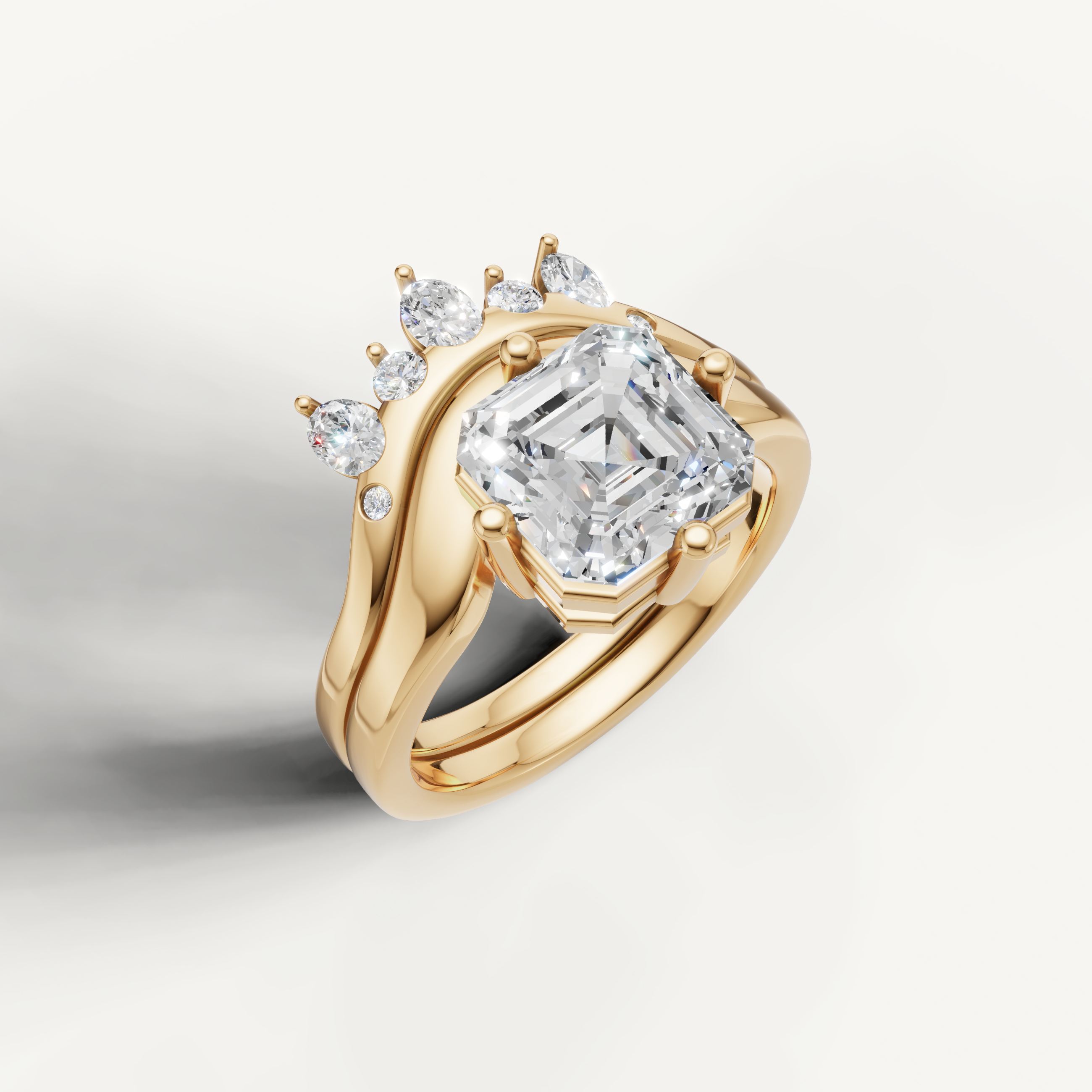Luxury Asscher Diamond Bridal Ring Set with Curved Diamond Wedding Band Yellow Gold