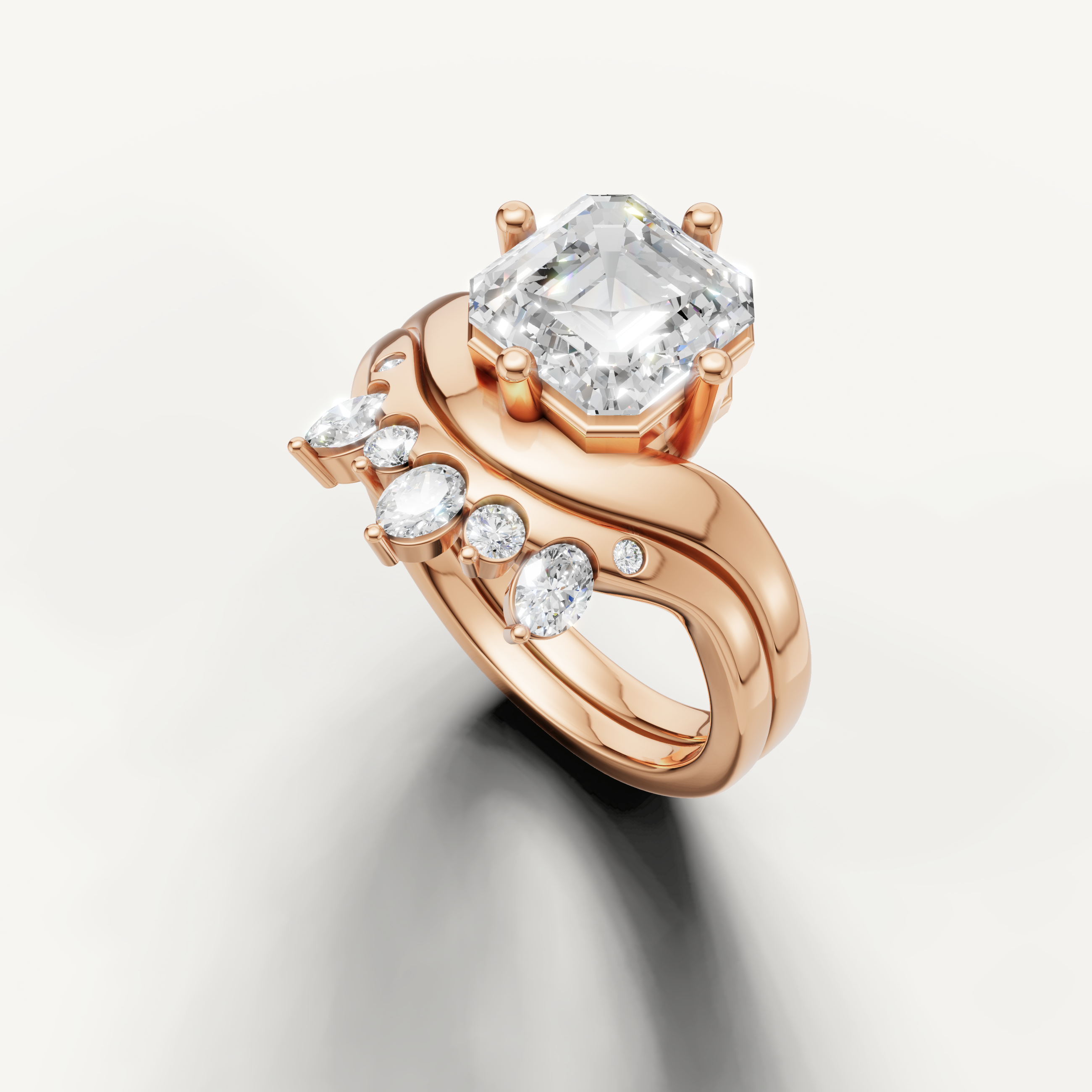Asscher Cut Lab Grown Diamond Bridal Set with Crown Inspired Wedding Band Rose Gold