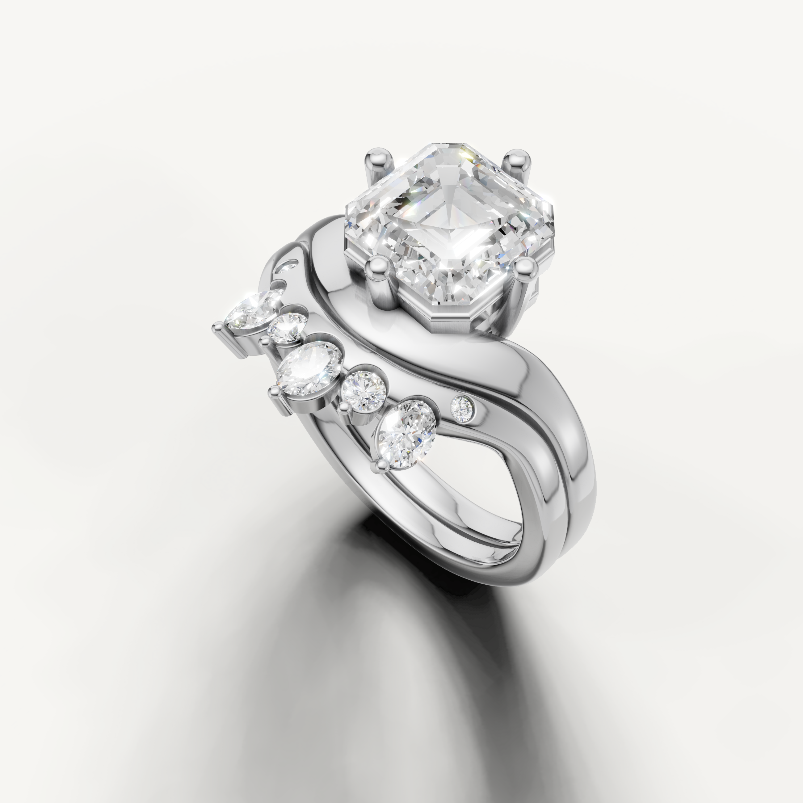 Luxury Asscher Cut Lab Grown Diamond Bridal Set with Curved Pavé Band White Gold