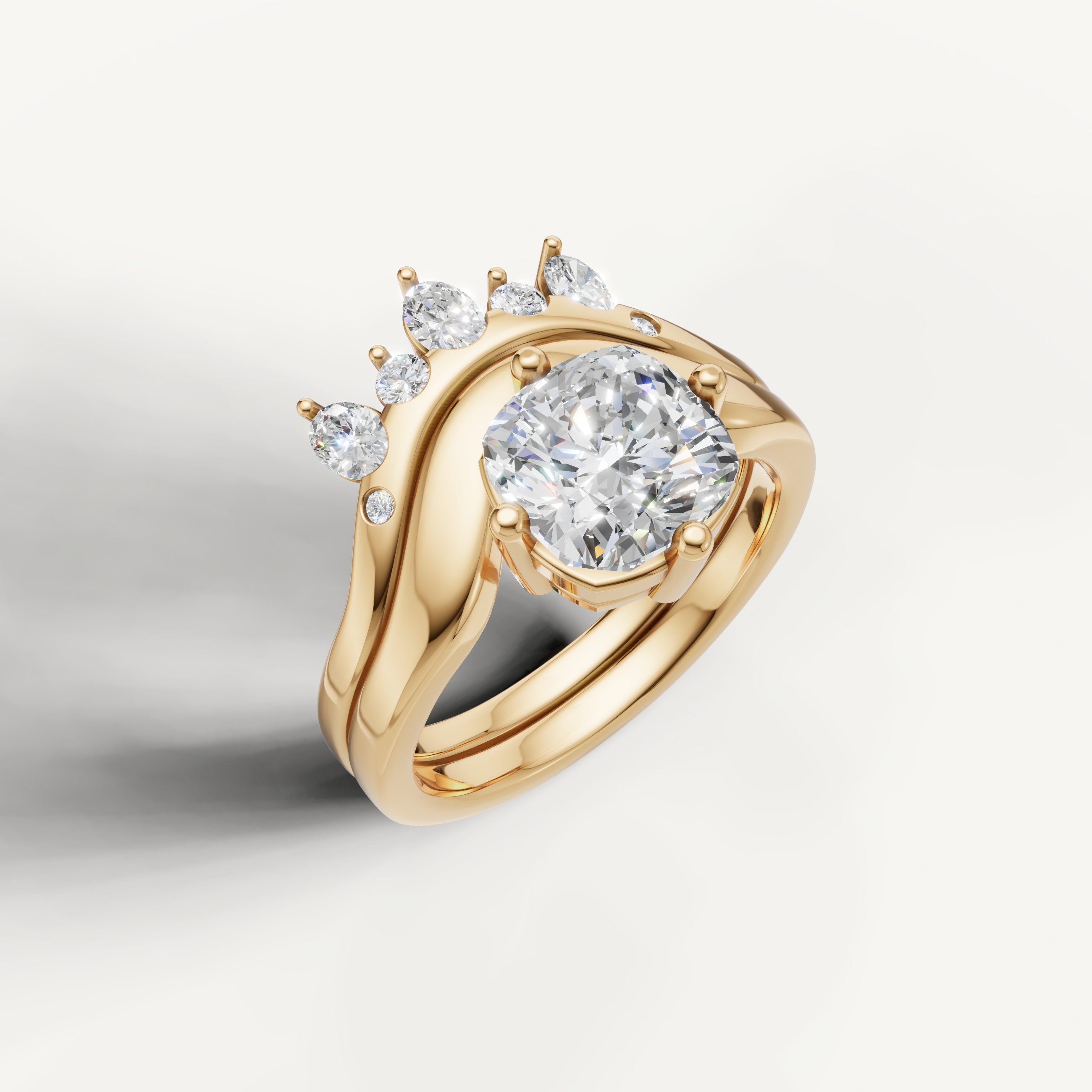 Luxury Cushion Diamond Bridal Ring Set with Curved Crown Wedding Band Yellow Gold