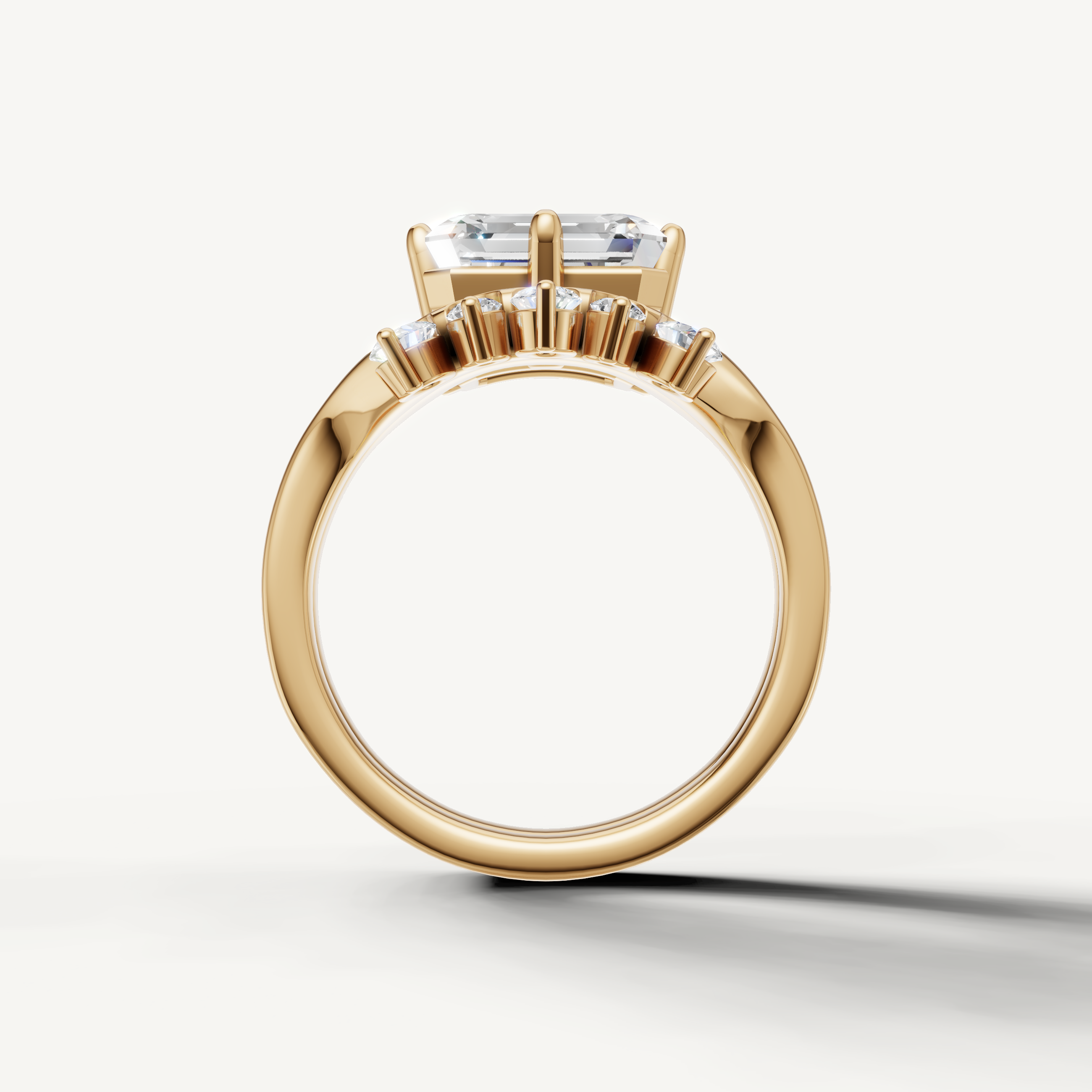 Elegant Emerald Diamond Bridal Set Ring with Contour Accent Wedding Band Yellow Gold