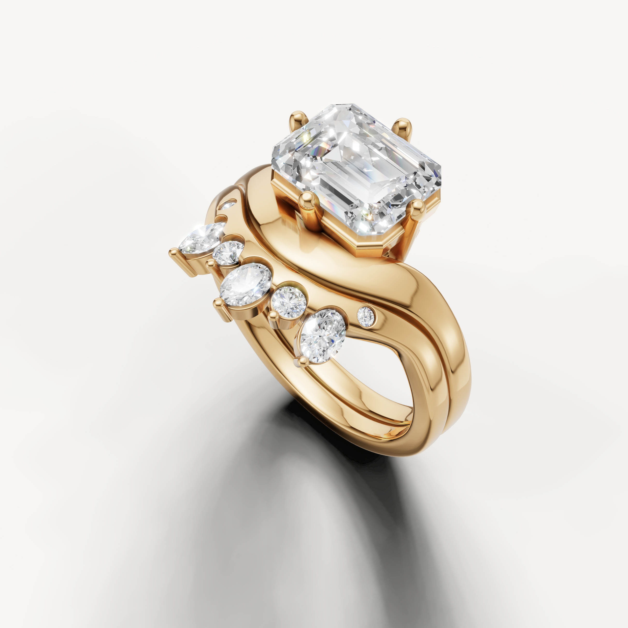 Emerald Cut Lab Grown Diamond Engagement Bridal Set with Curved Diamond Band Yellow Gold