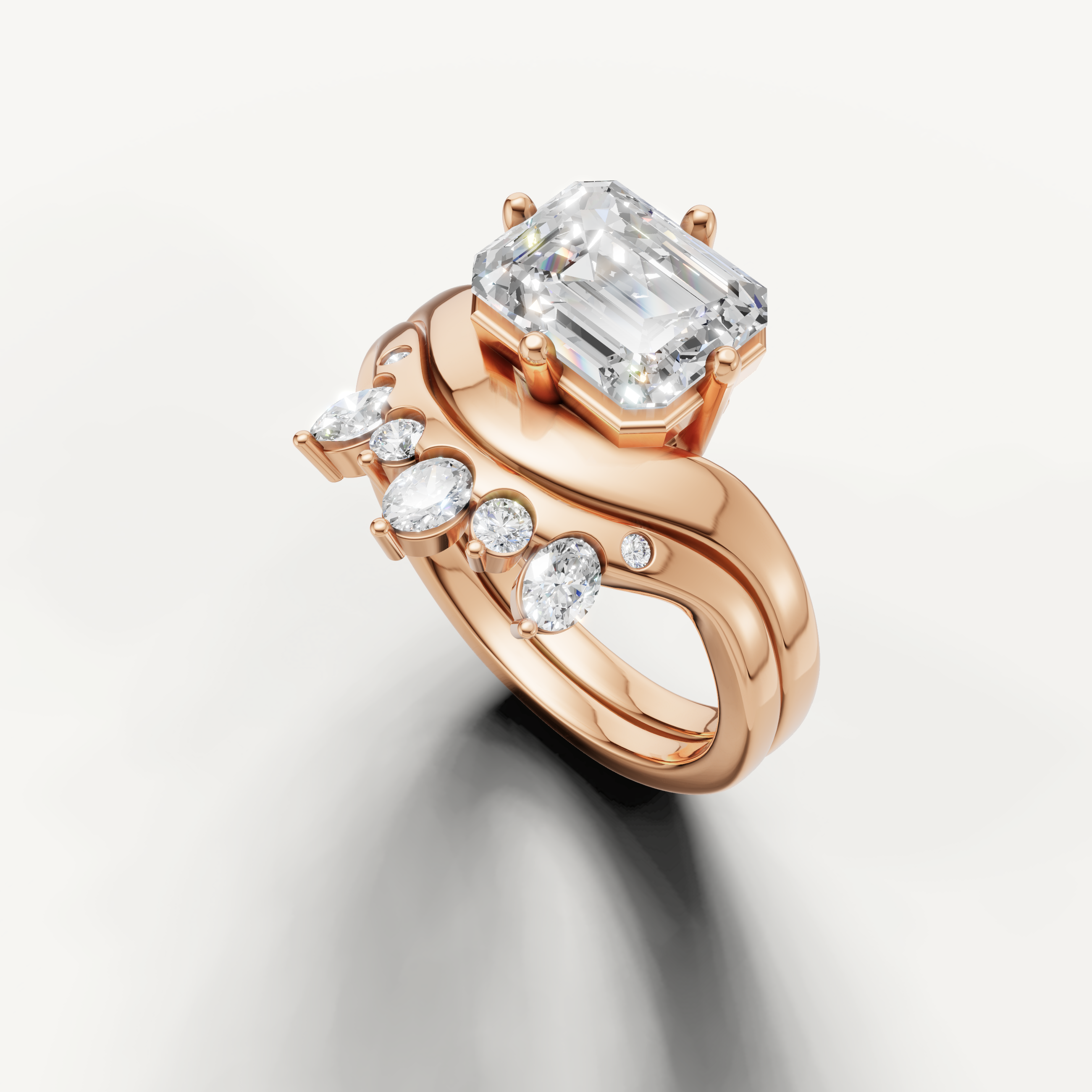 Emerald Cut Lab Grown Diamond Bridal Set with Crown Inspired Band Rose Gold