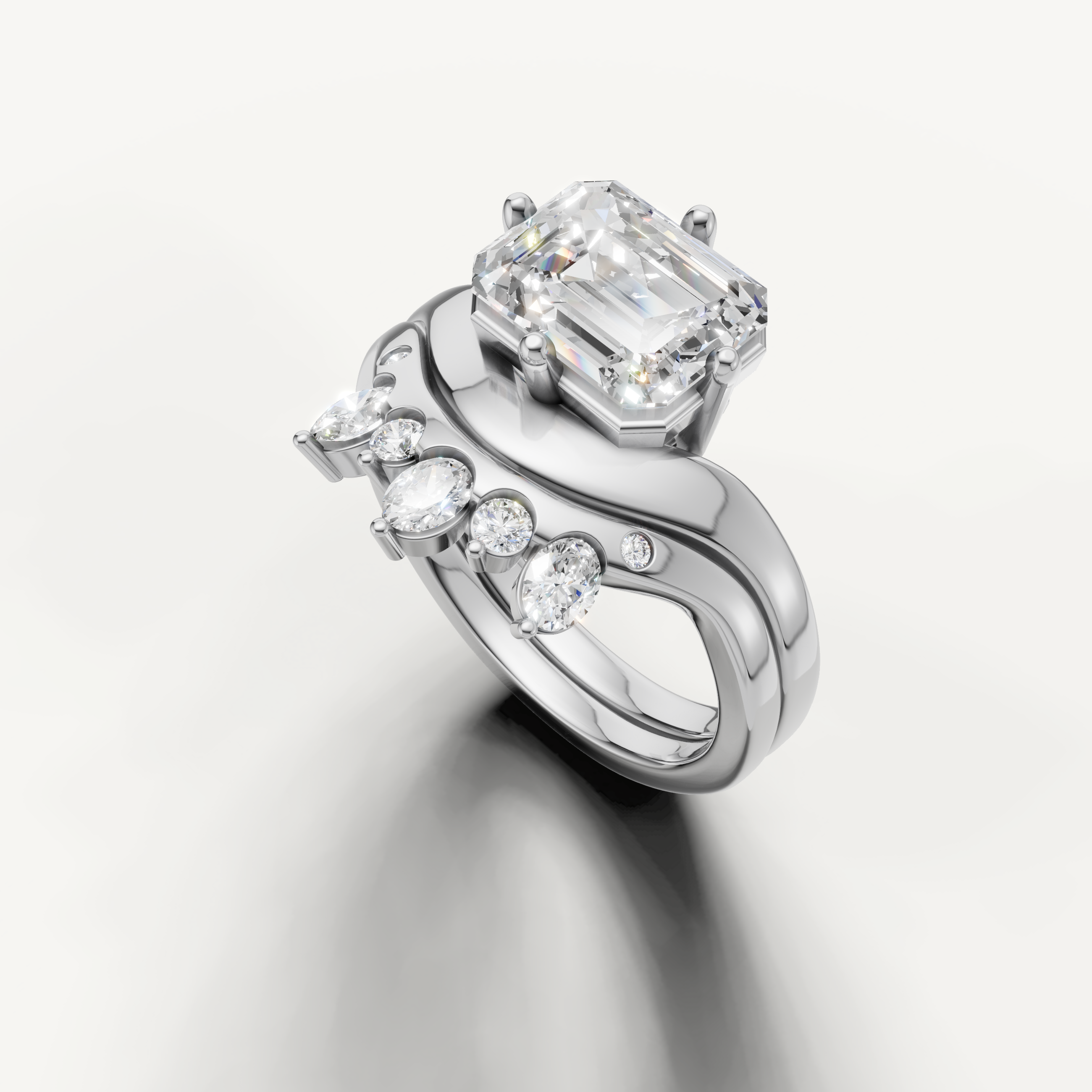Luxury Emerald Cut Lab Grown Diamond Bridal Set with Curved Pavé Band White Gold