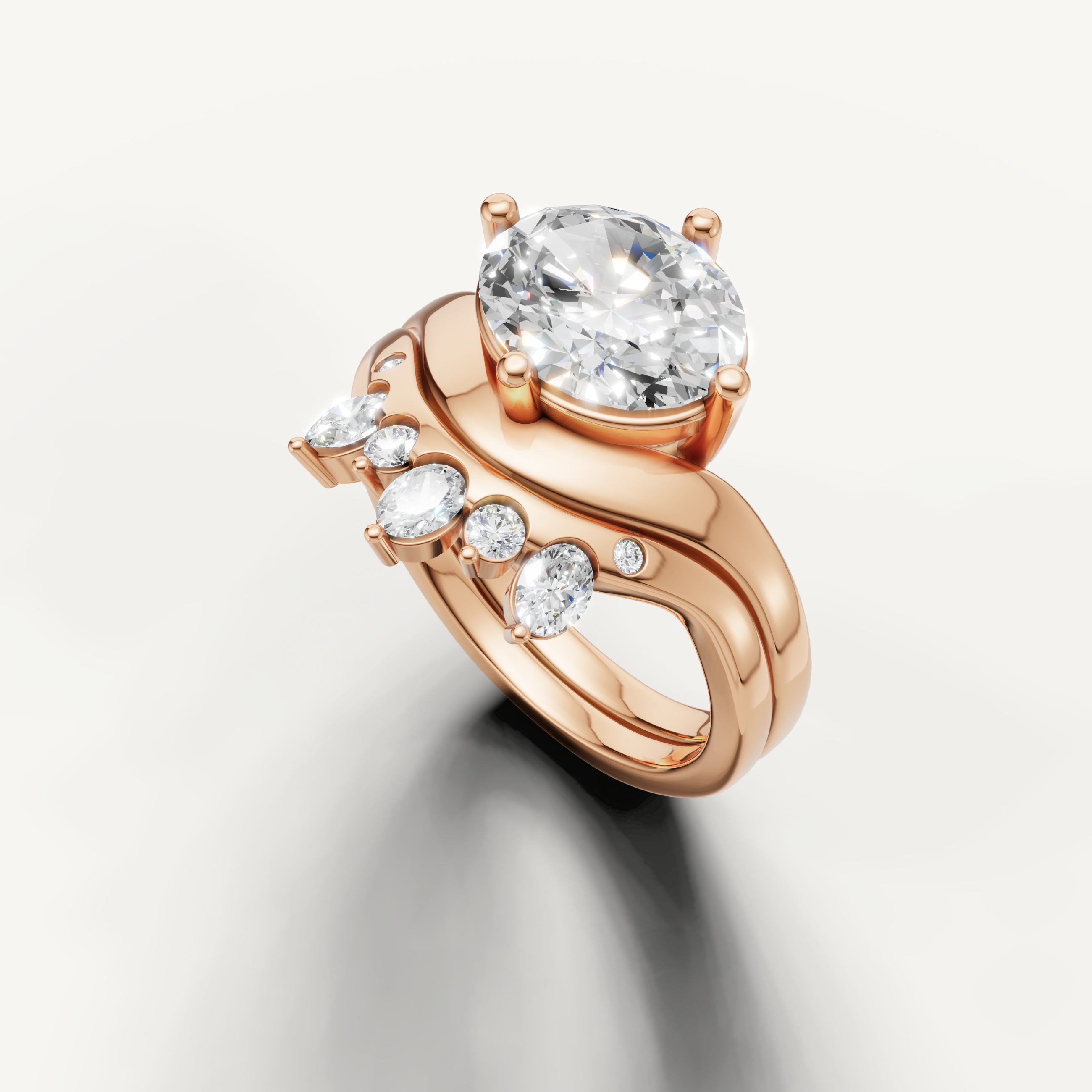 Oval Lab Grown Diamond Bridal Set with Curved Diamond Accent Band Rose Gold