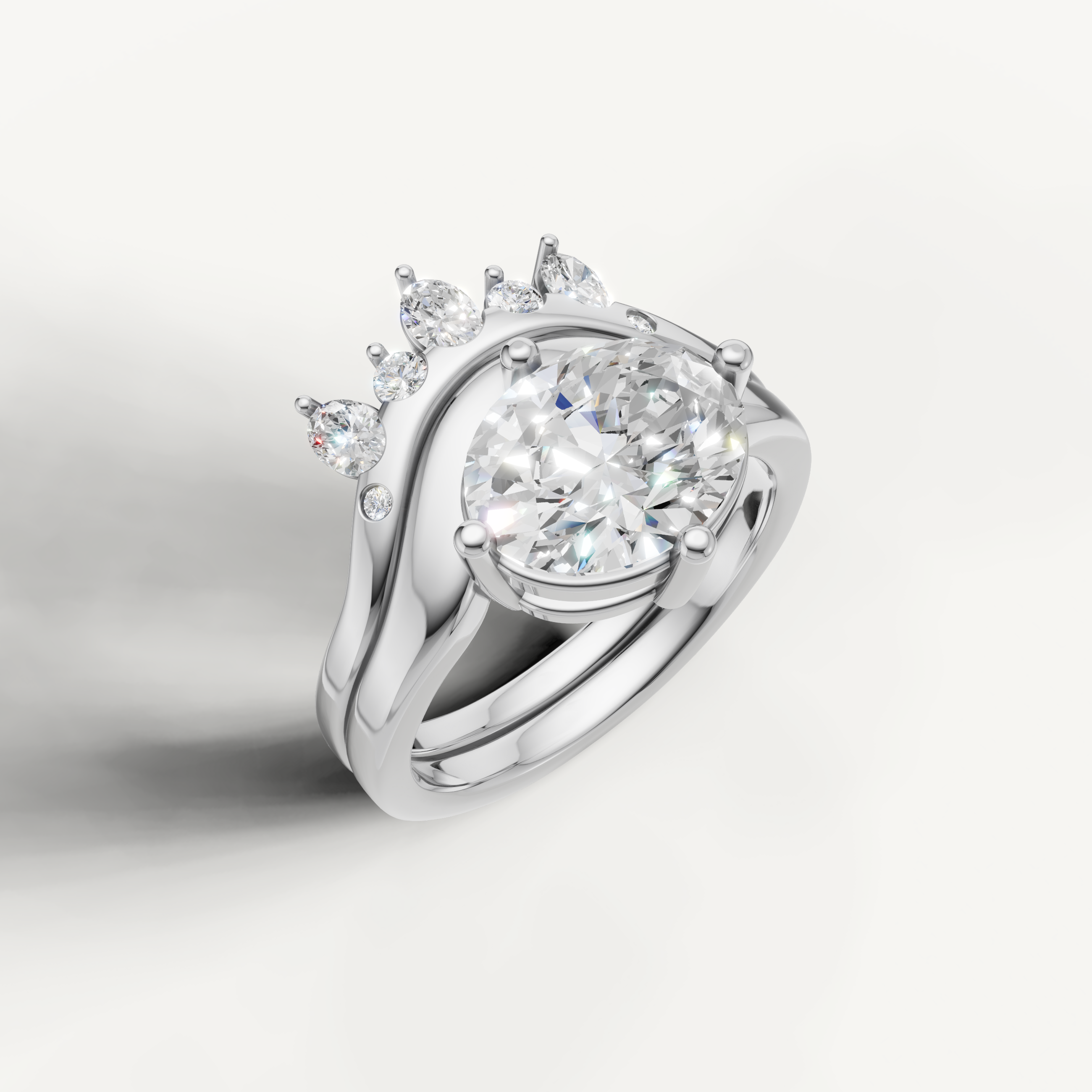 Oval Diamond Engagement Bridal Set with Contour Diamond Wedding Band White Gold