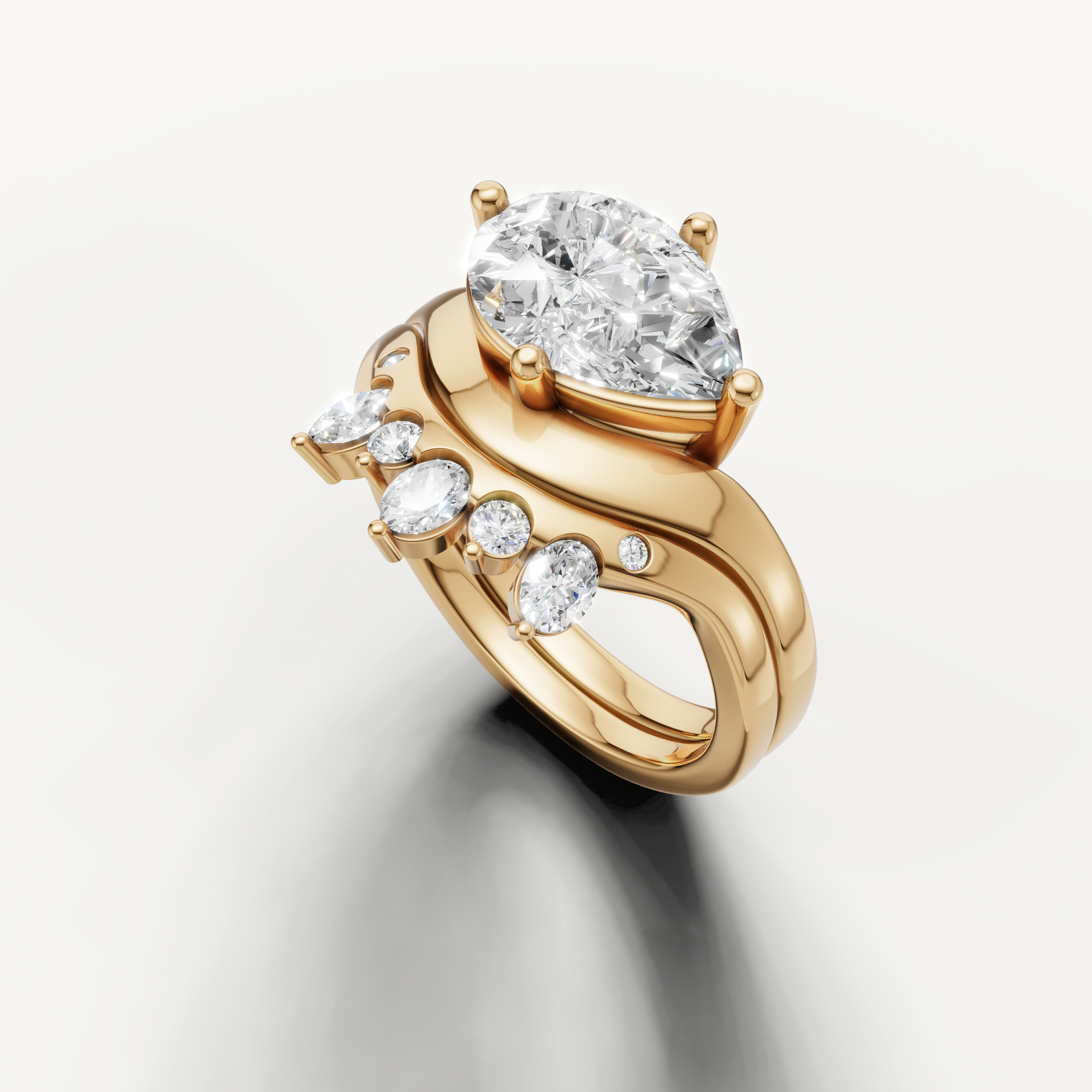 Luxury Pear Diamond Bridal Set with Curved Wedding Band in Yellow Gold