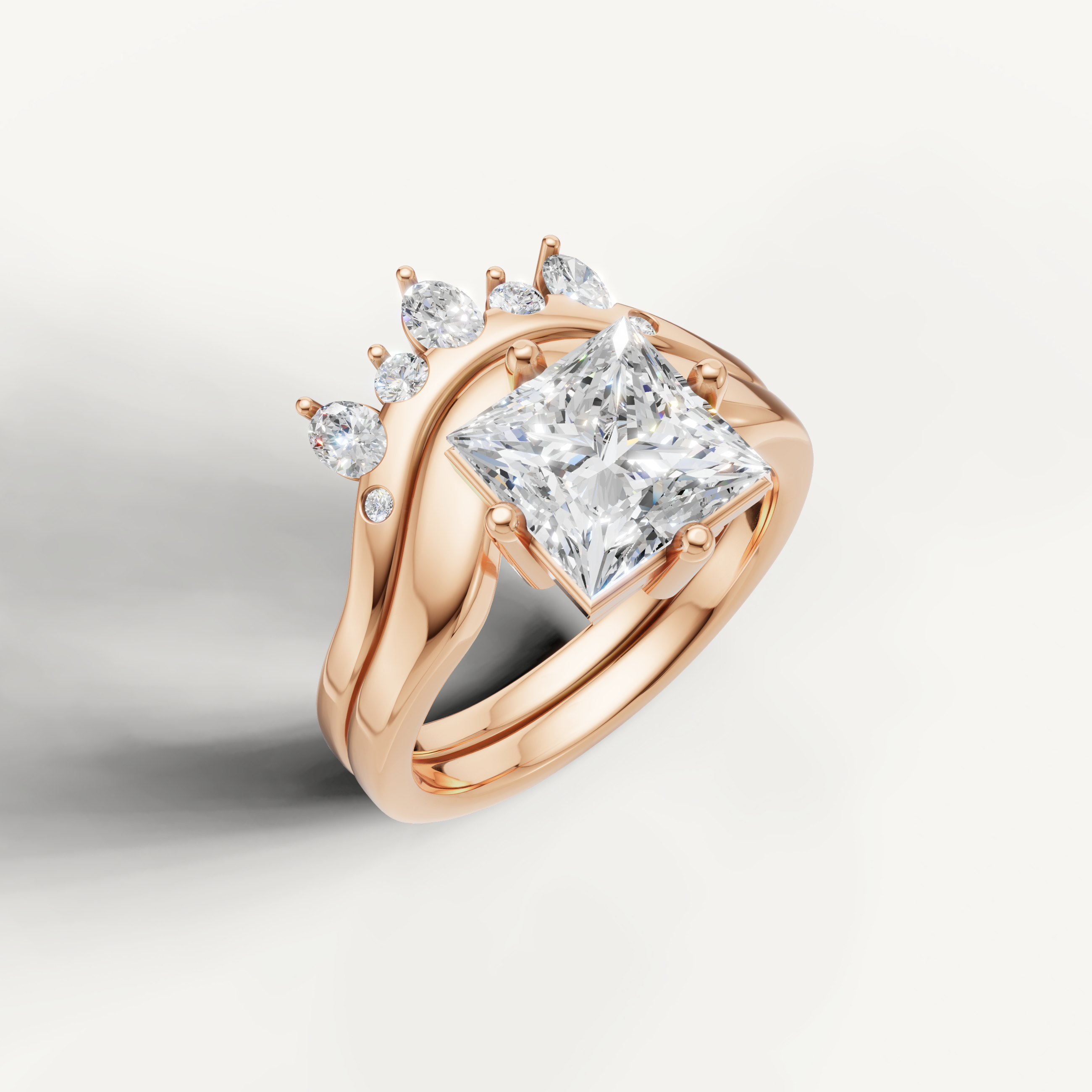 Princess Shape Diamond Bridal Set with Curved Crown Wedding Band Rose Gold