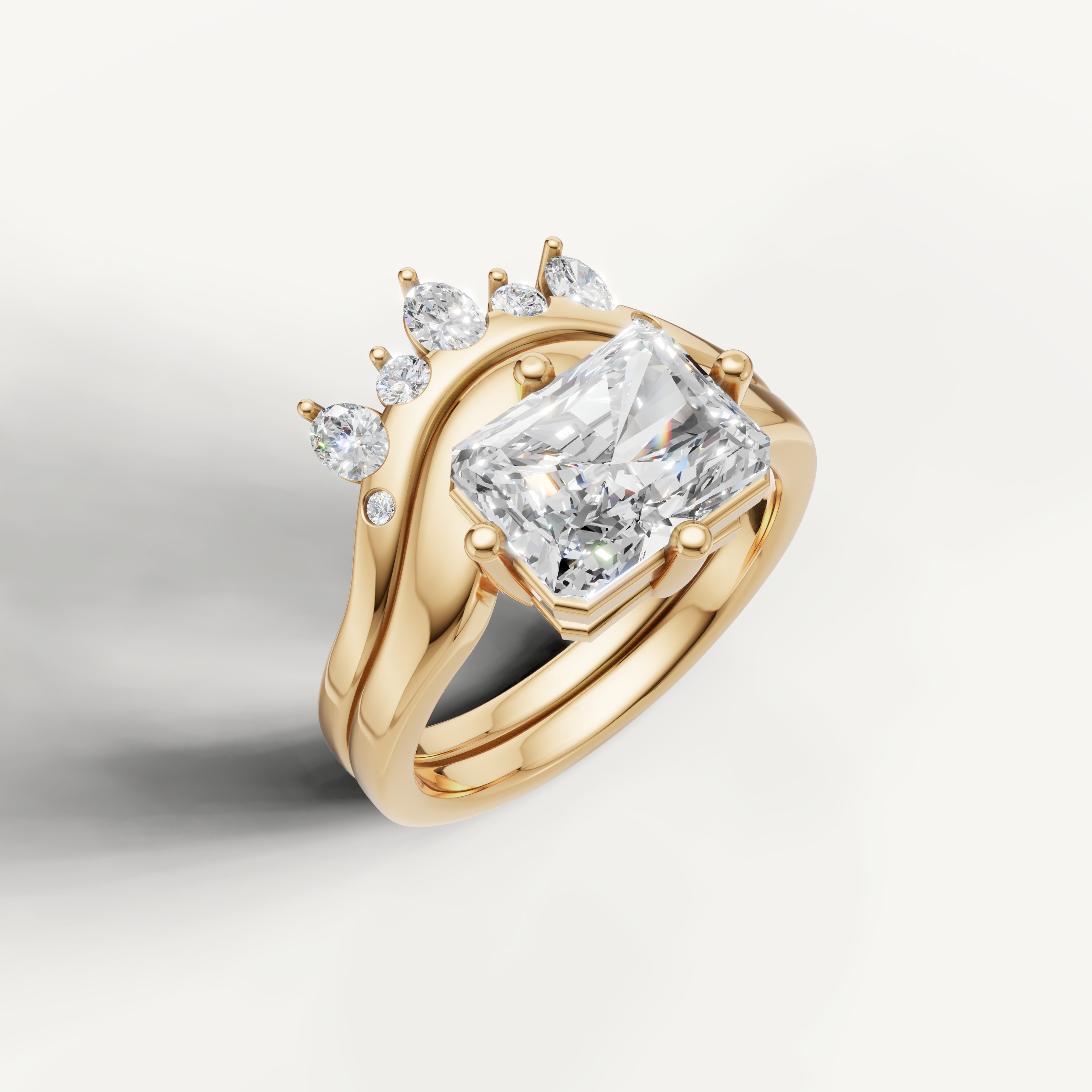Radiant Shape Lab Grown Diamond Engagement Ring Set with Curved Crown Band Yellow Gold