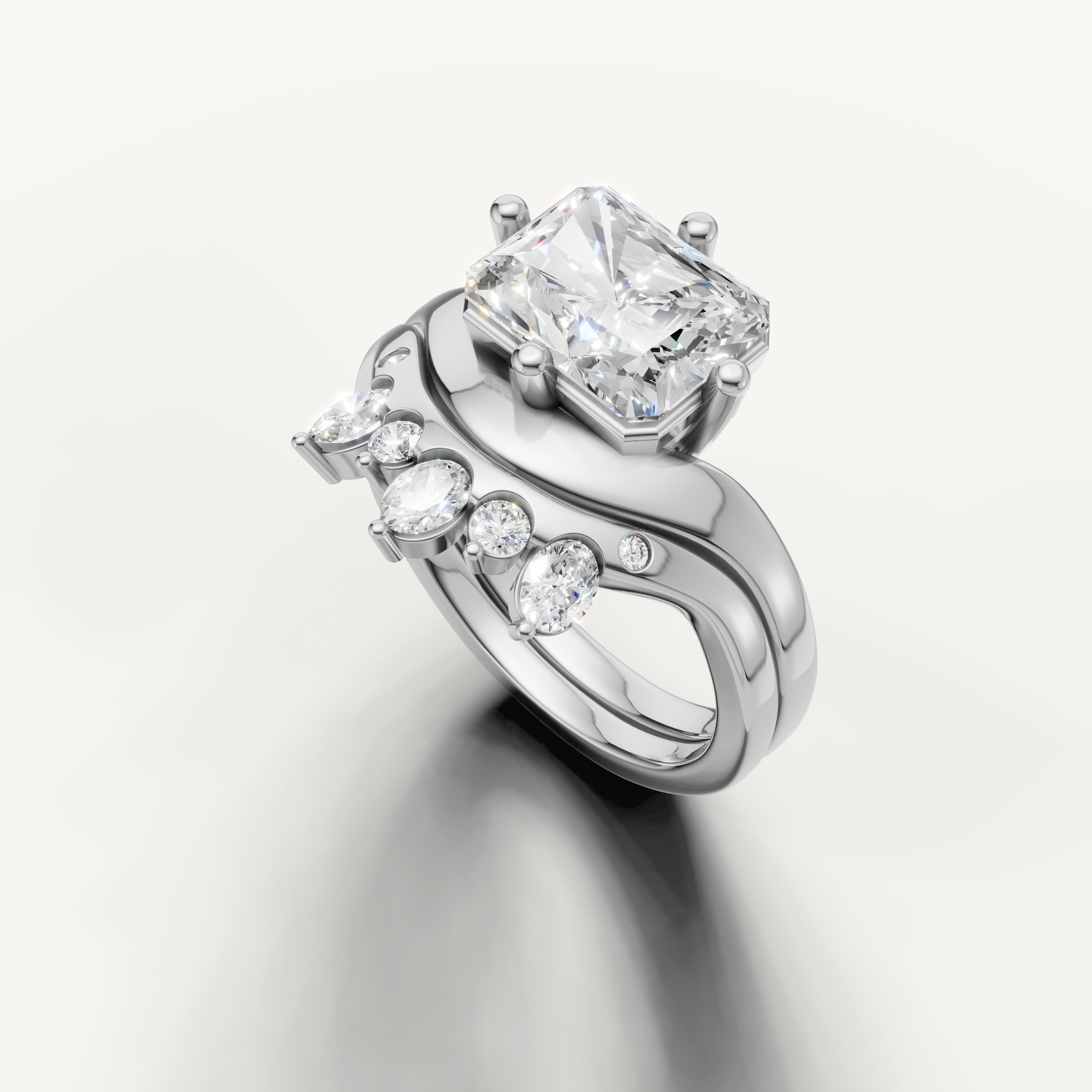 Radiant Diamond Engagement Bridal Set with Curved Wedding Band White Gold