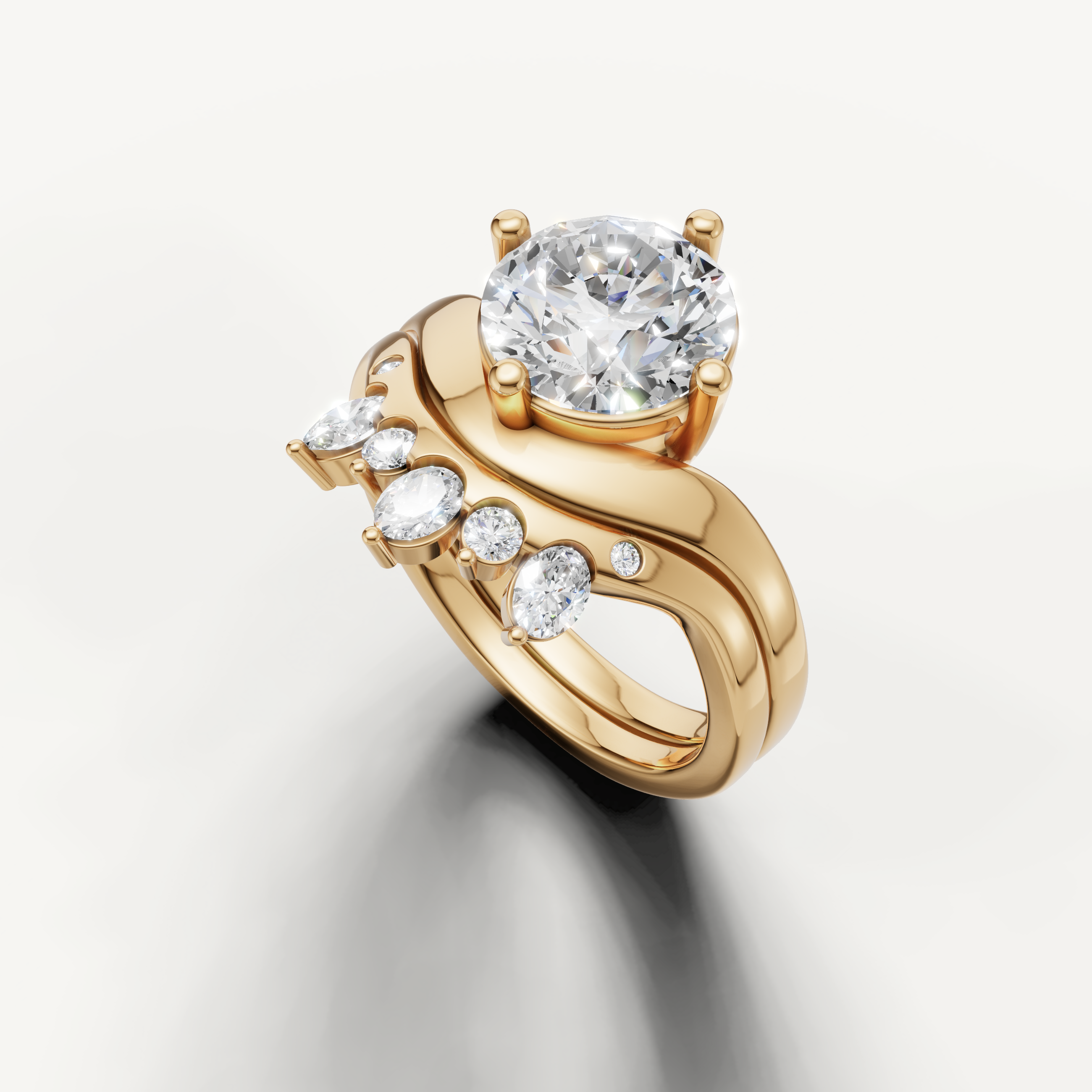 Luxury Round Diamond Bridal Set with Contour Wedding Band in Yellow Gold