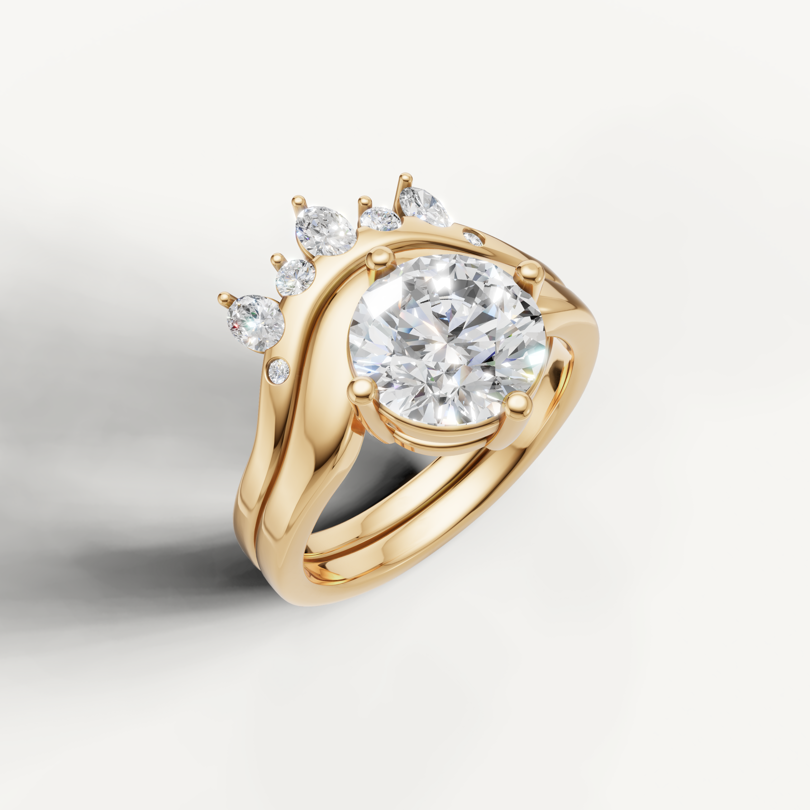 Round Shape Lab Grown Diamond Engagement Ring Set with Curved Crown Band Yellow Gold
