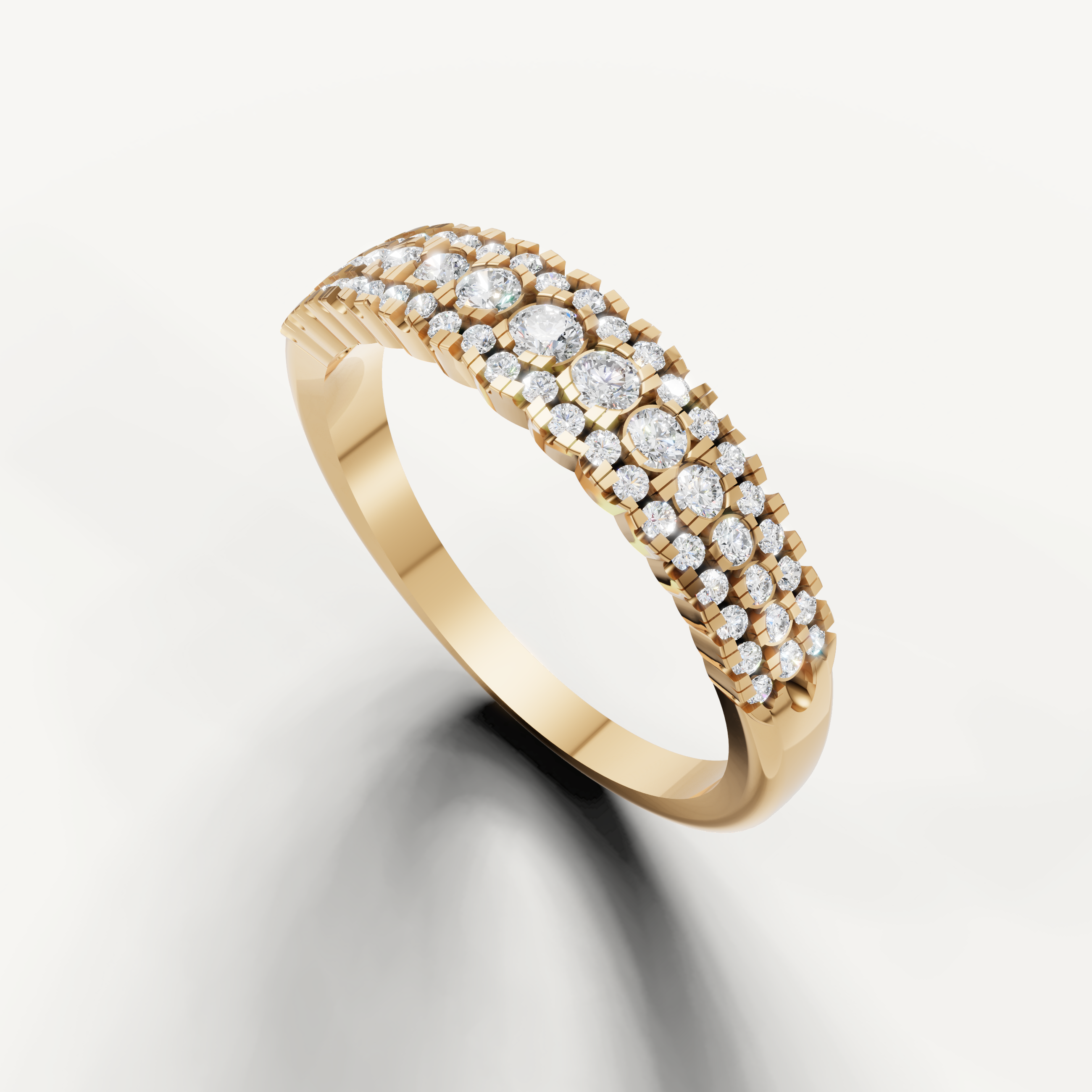 Elegant yellow gold anniversary band featuring round brilliant pavé diamonds from Raul Diamonds