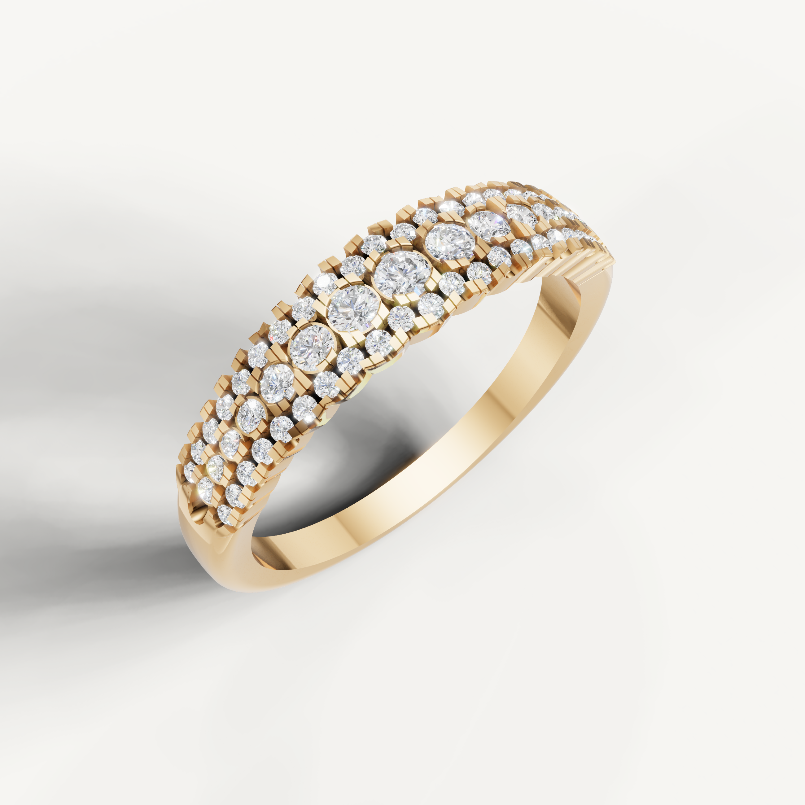 Luxury yellow gold multi row diamond wedding ring by Raul Diamonds with elegant sparkle