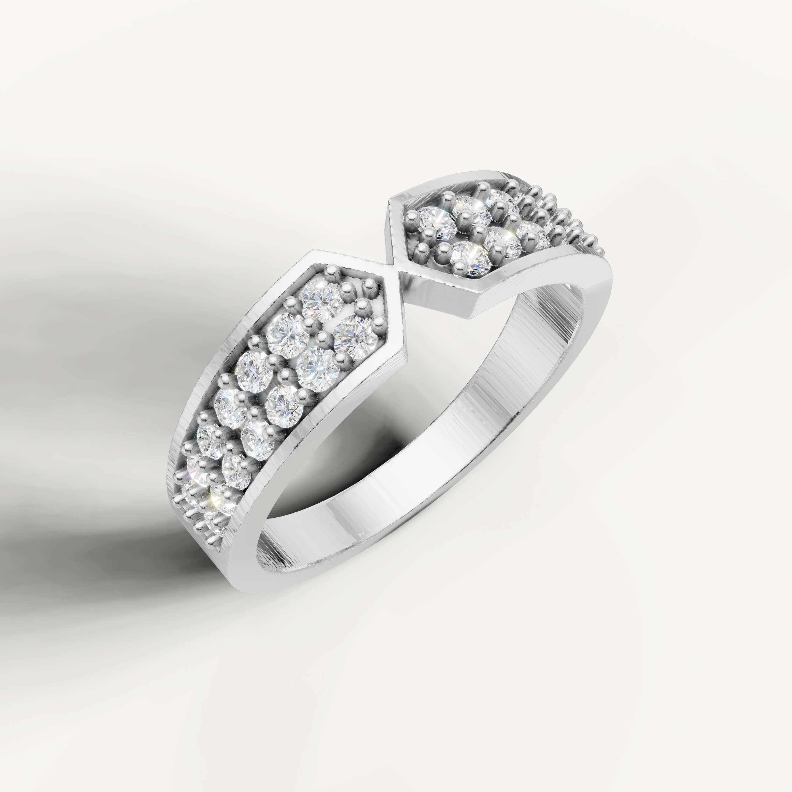 Elegant white gold wedding ring by Raul Diamonds with V shaped diamond design