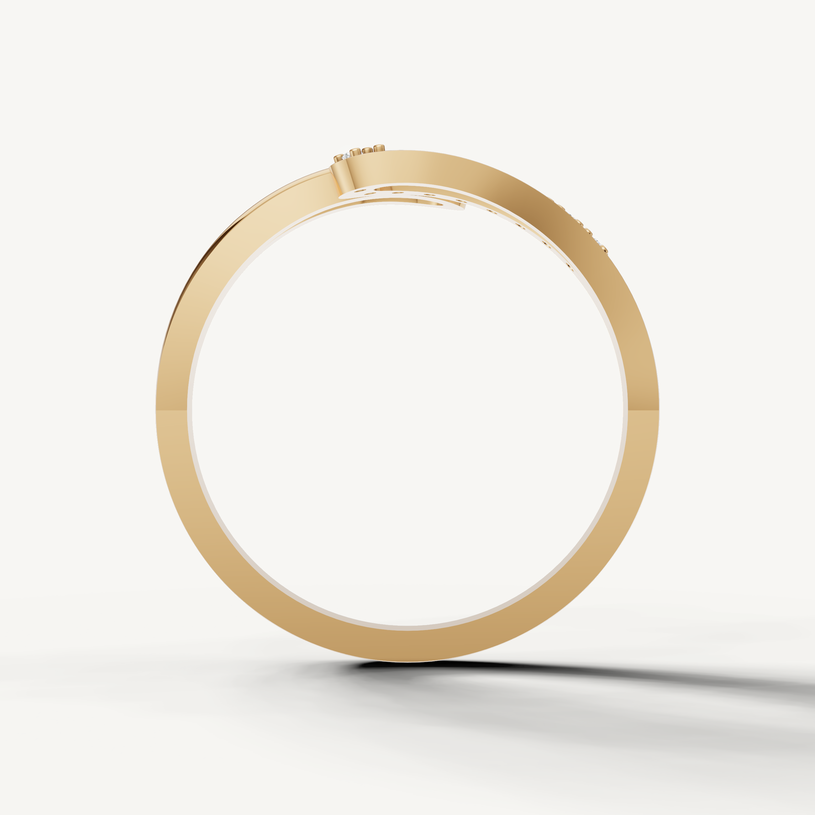 Modern yellow gold open style diamond wedding ring with flowing curves by Raul Diamonds