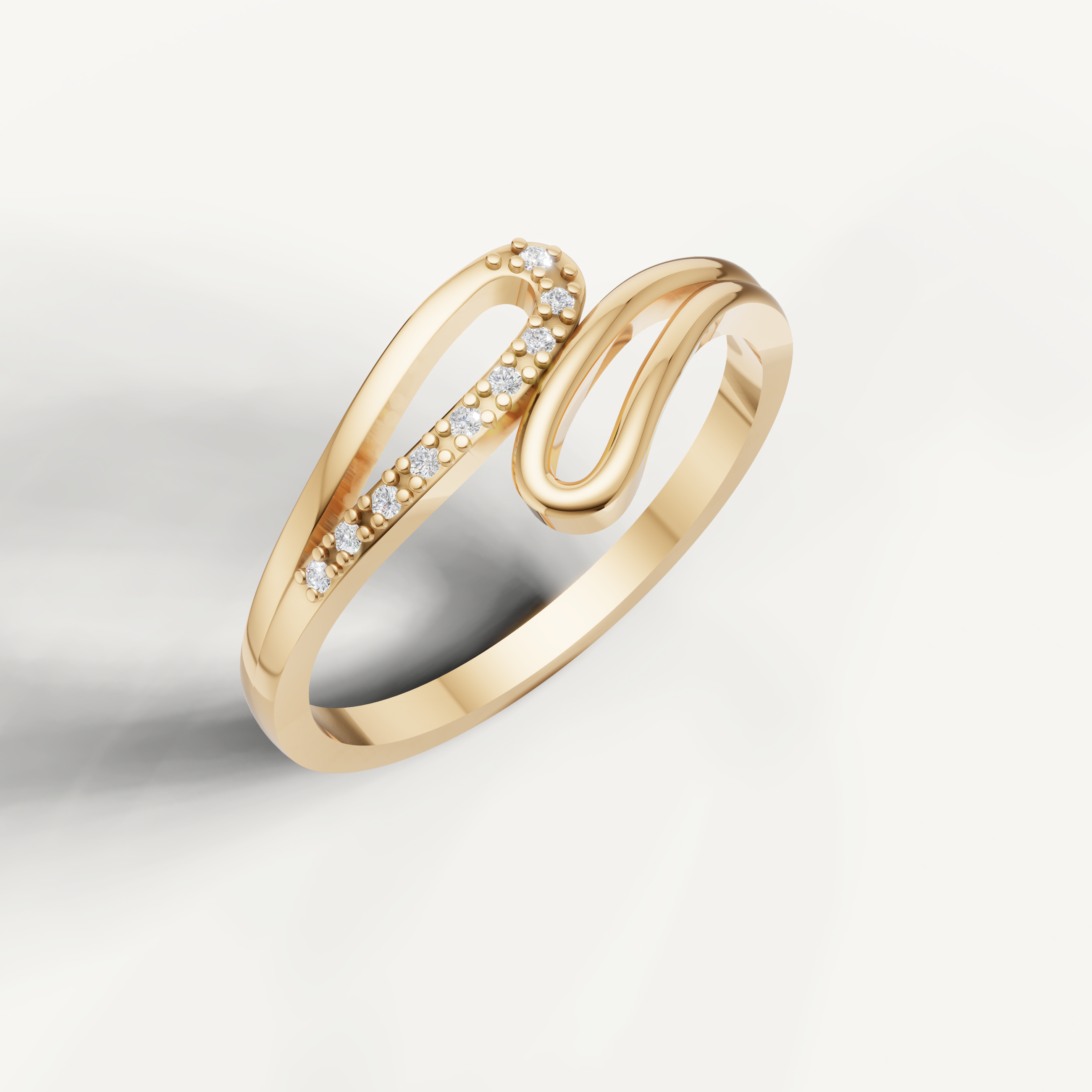 Elegant yellow gold diamond ring by Raul Diamonds featuring pavé curved detailing