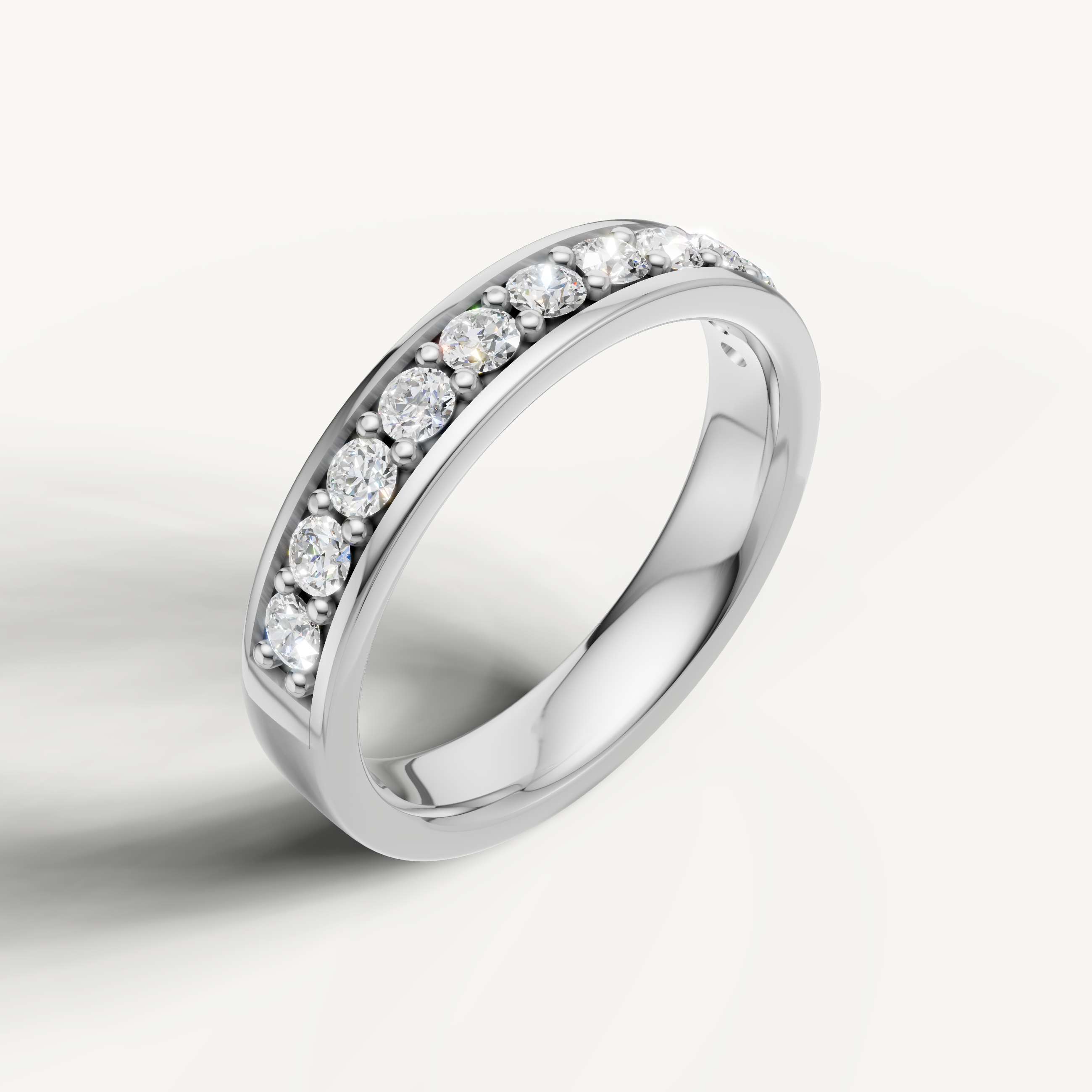 Elegant white gold eternity wedding band with sparkling round diamonds