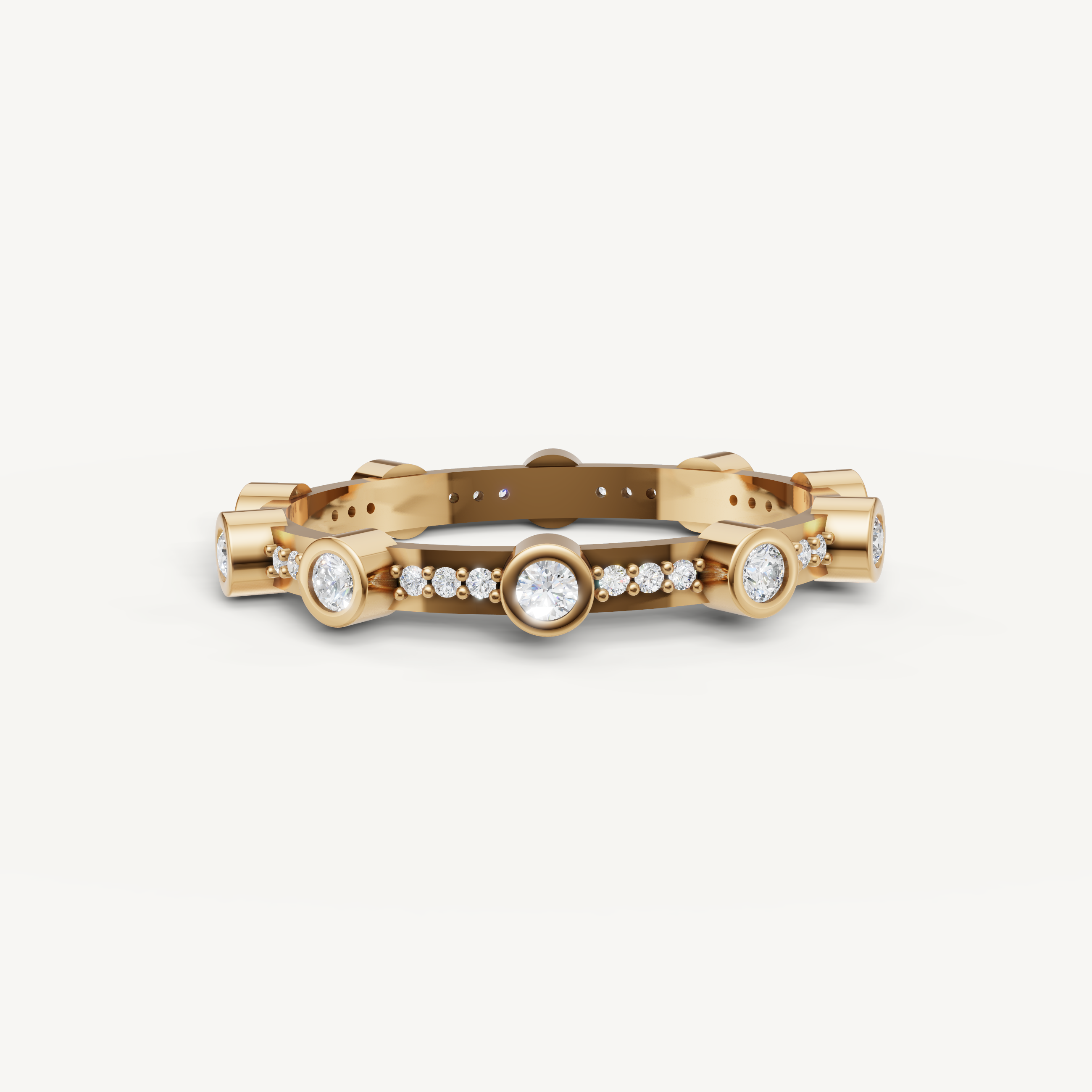 Raul Diamonds yellow gold round diamond wedding band with shared prong setting and brilliant sparkle