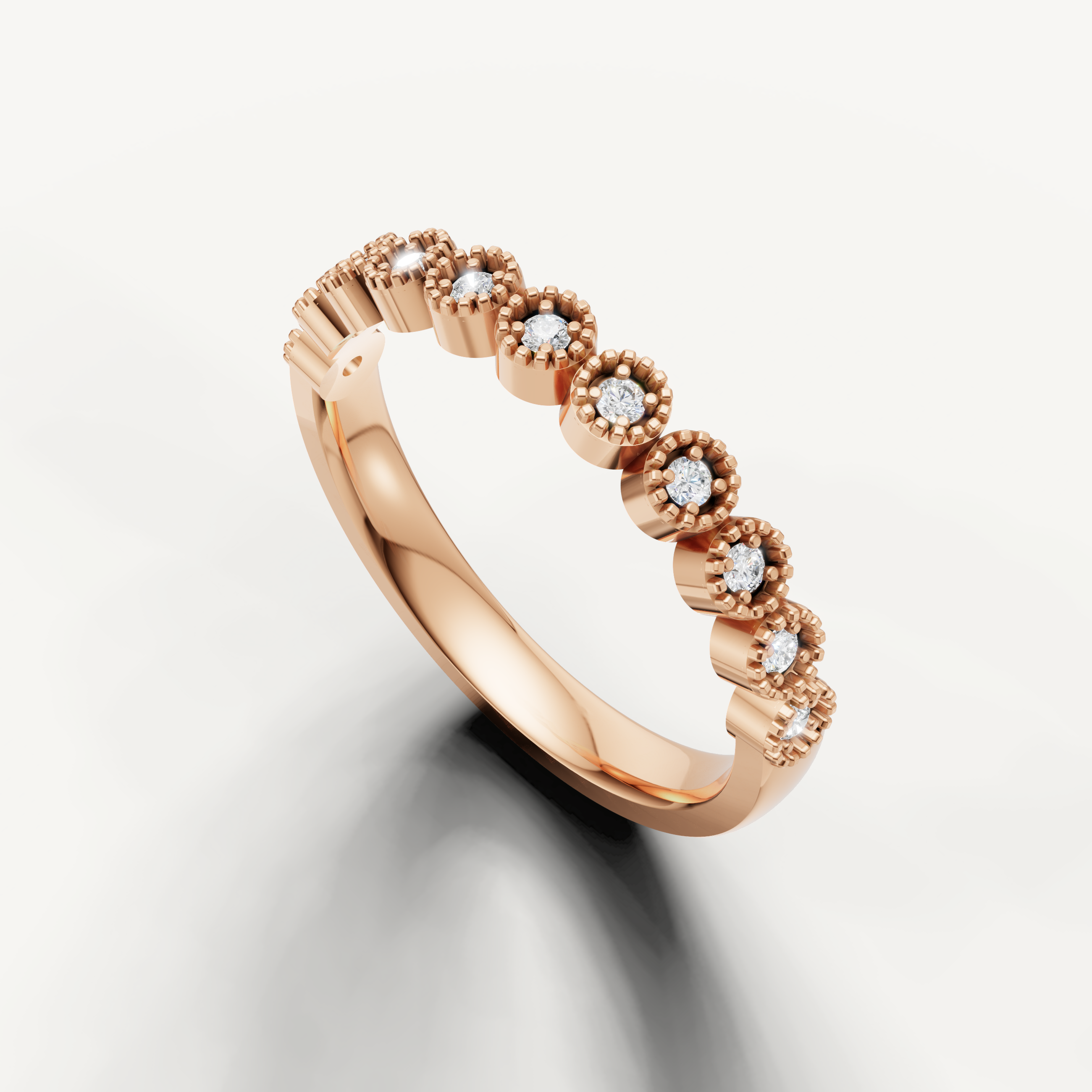 Rose gold milgrain diamond wedding band featuring sparkling round diamonds by Raul Diamonds