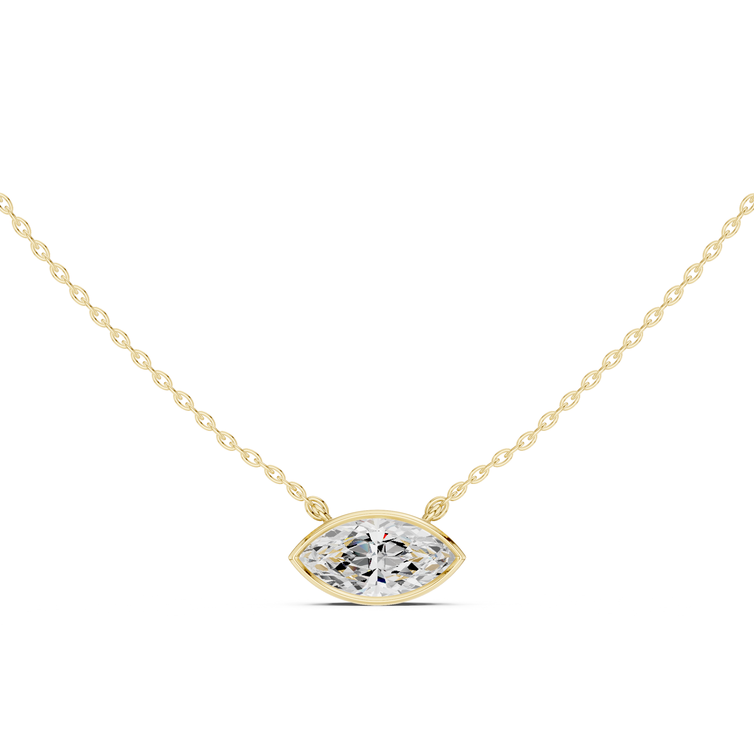 14K Gold East-West Marquise Lab-Diamond Necklace | Horizontal Bezel Set Solitaire