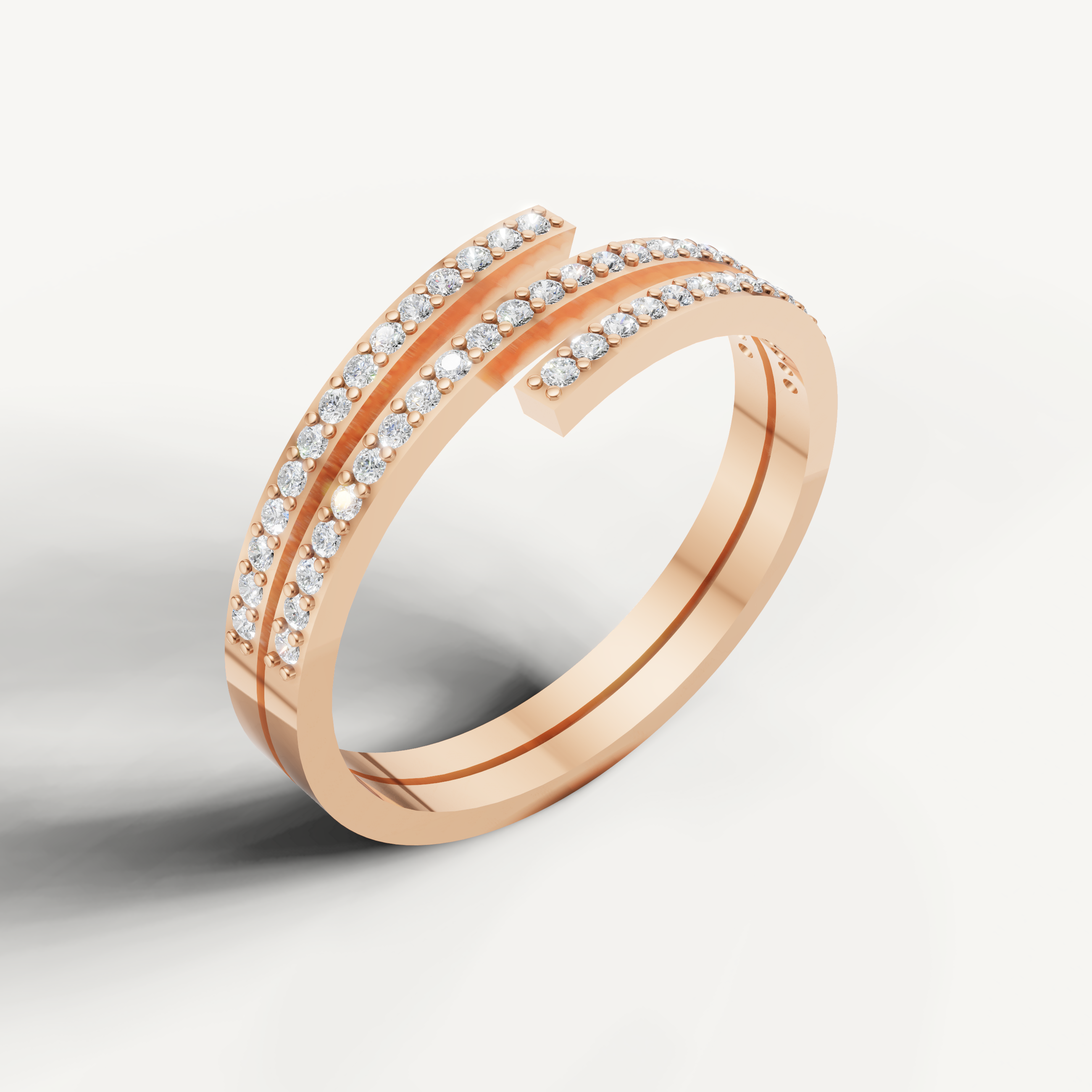Rose gold wrap diamond wedding ring with multiple rows of round diamonds