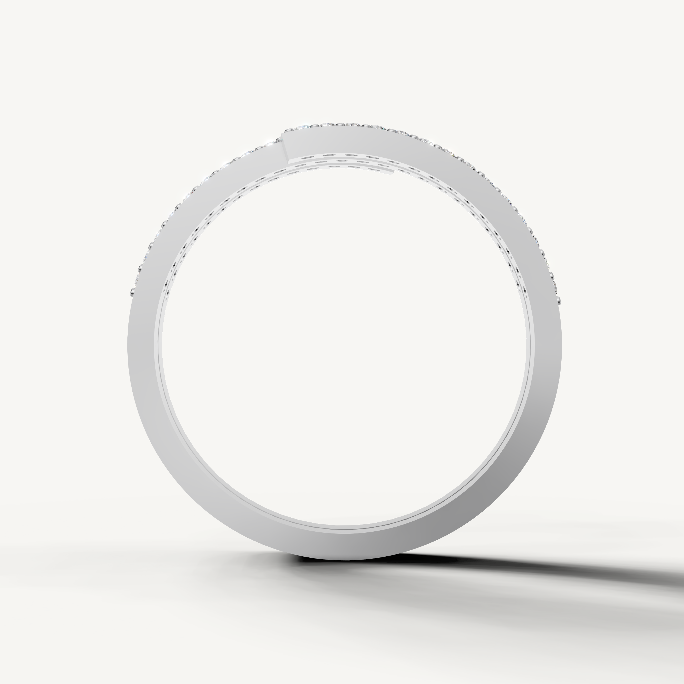 Modern white gold open spiral diamond wedding band with sparkling diamonds