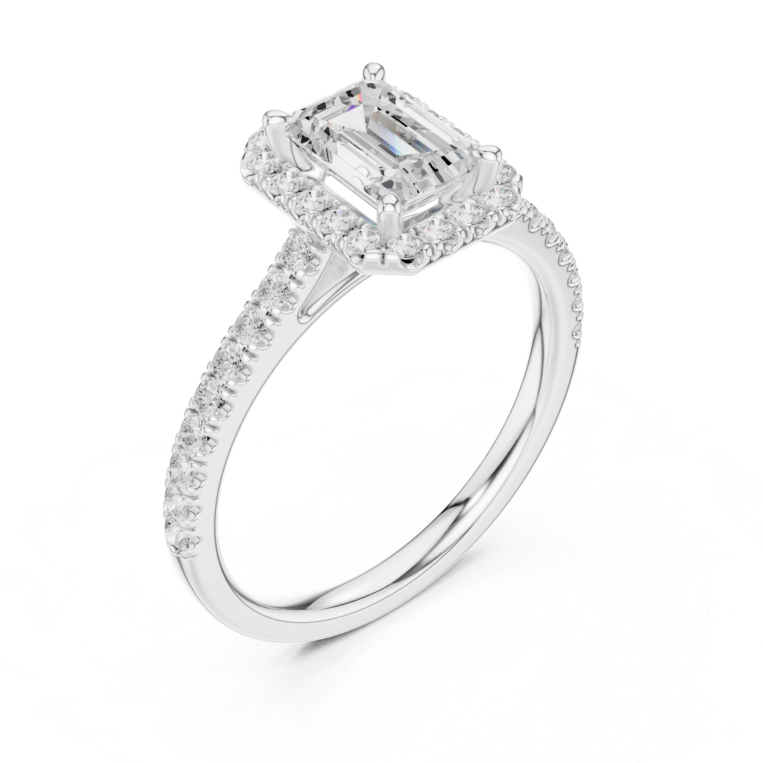Emerald Cut Lab Grown Diamond Halo Engagement Ring with Pavé Diamond Band