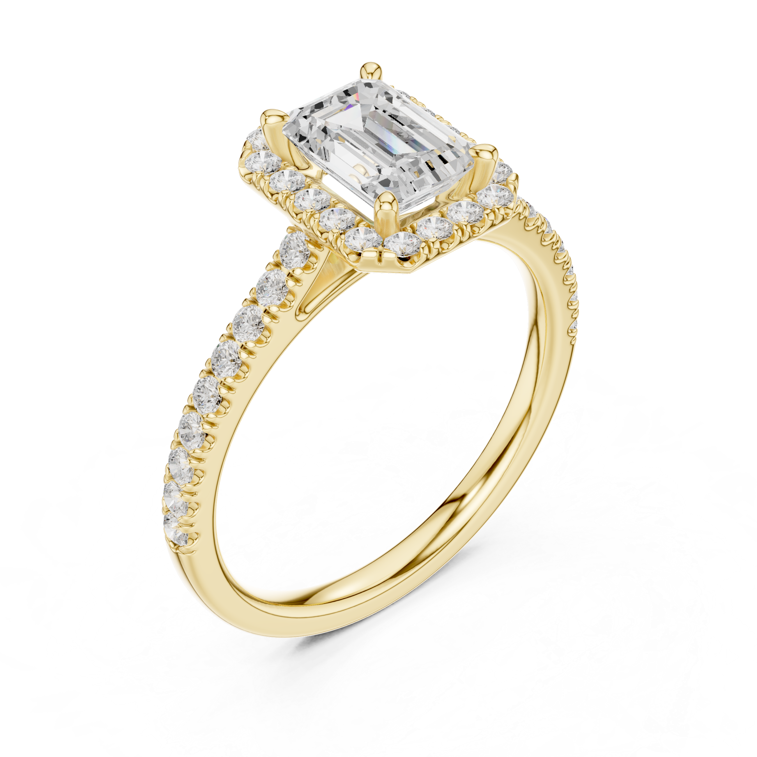 Emerald Cut Lab Grown Diamond Halo Engagement Ring with Pavé Diamond Band