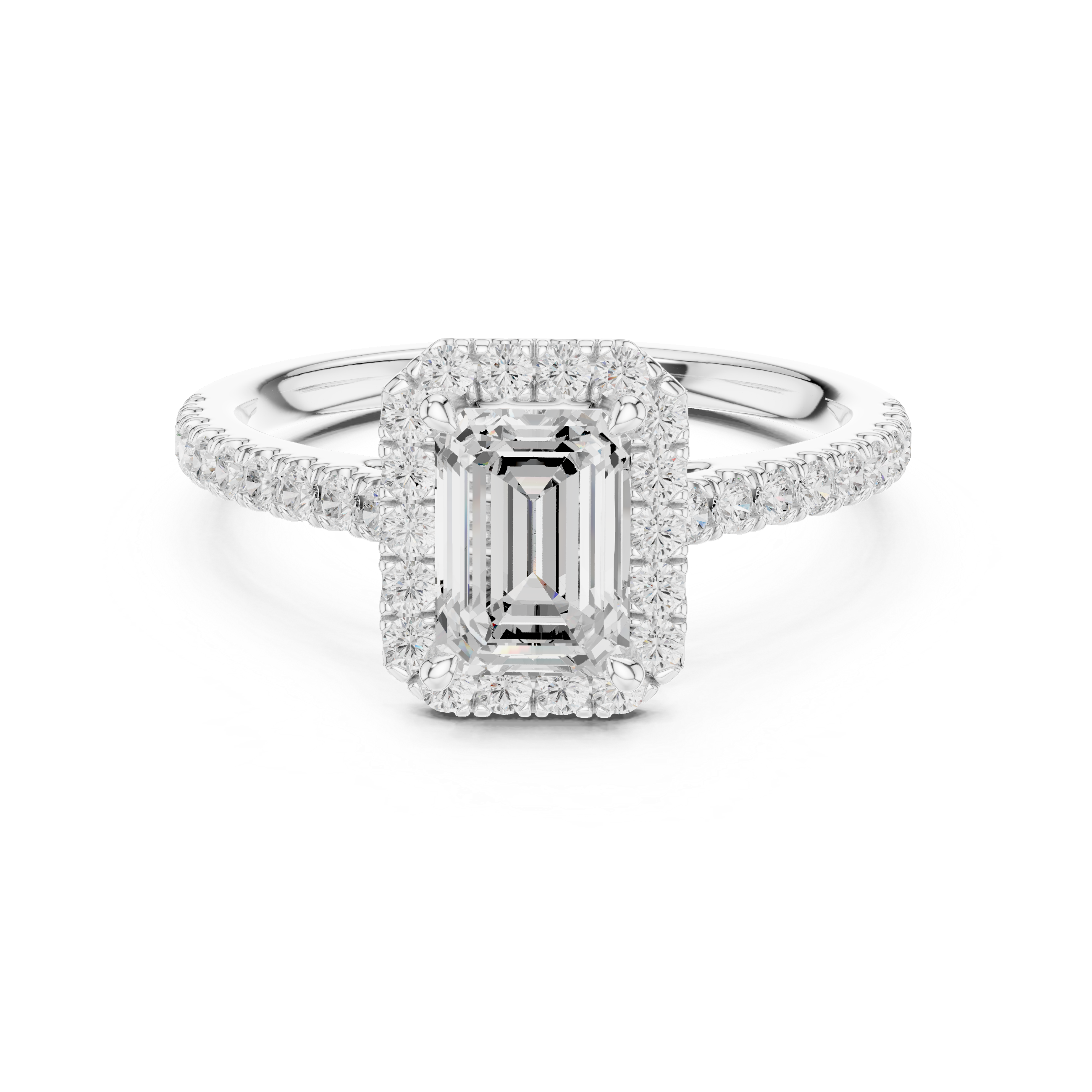 Emerald Cut Lab Grown Diamond Halo Engagement Ring with Pavé Diamond Band