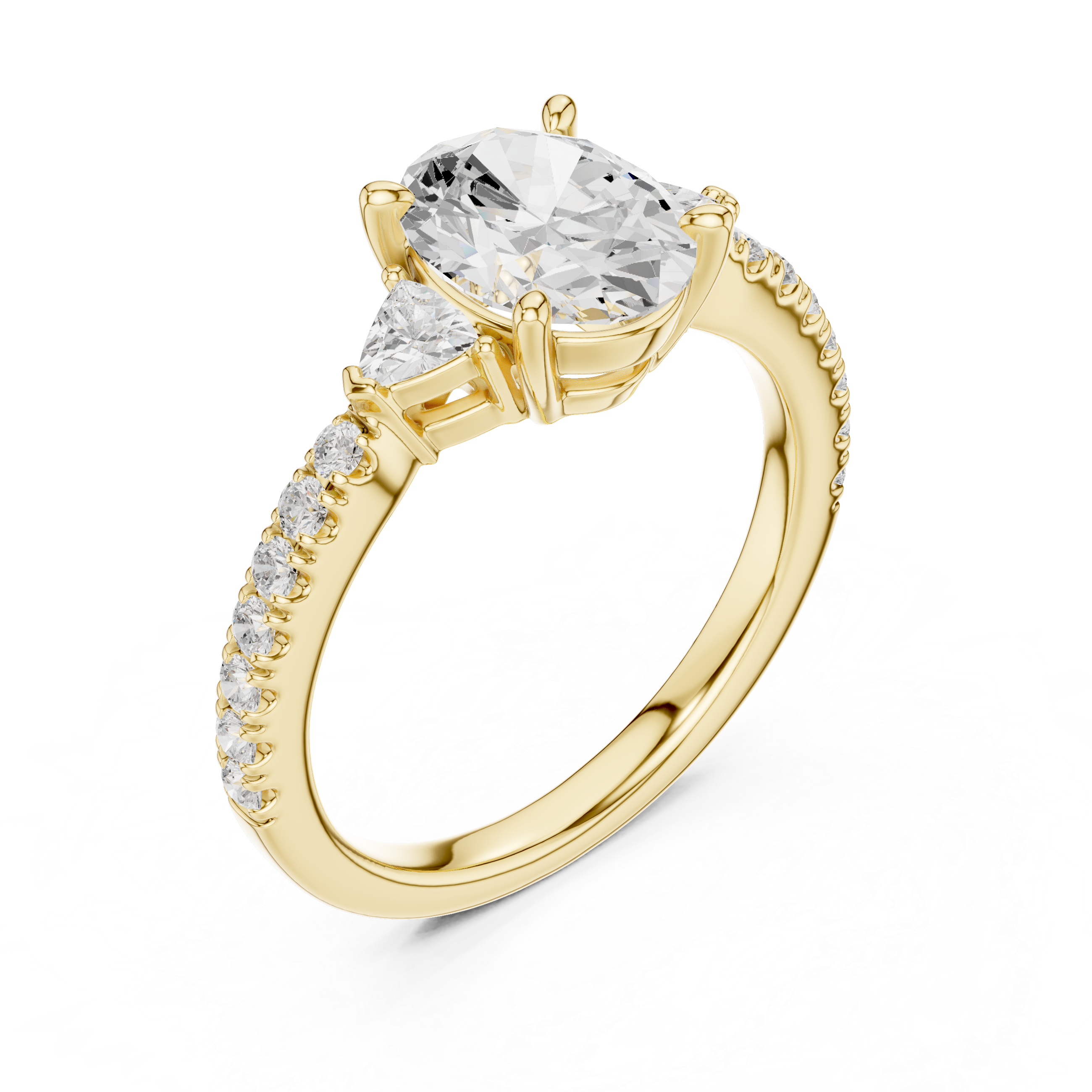 Oval cut lab diamond three-stone ring with trillion accents