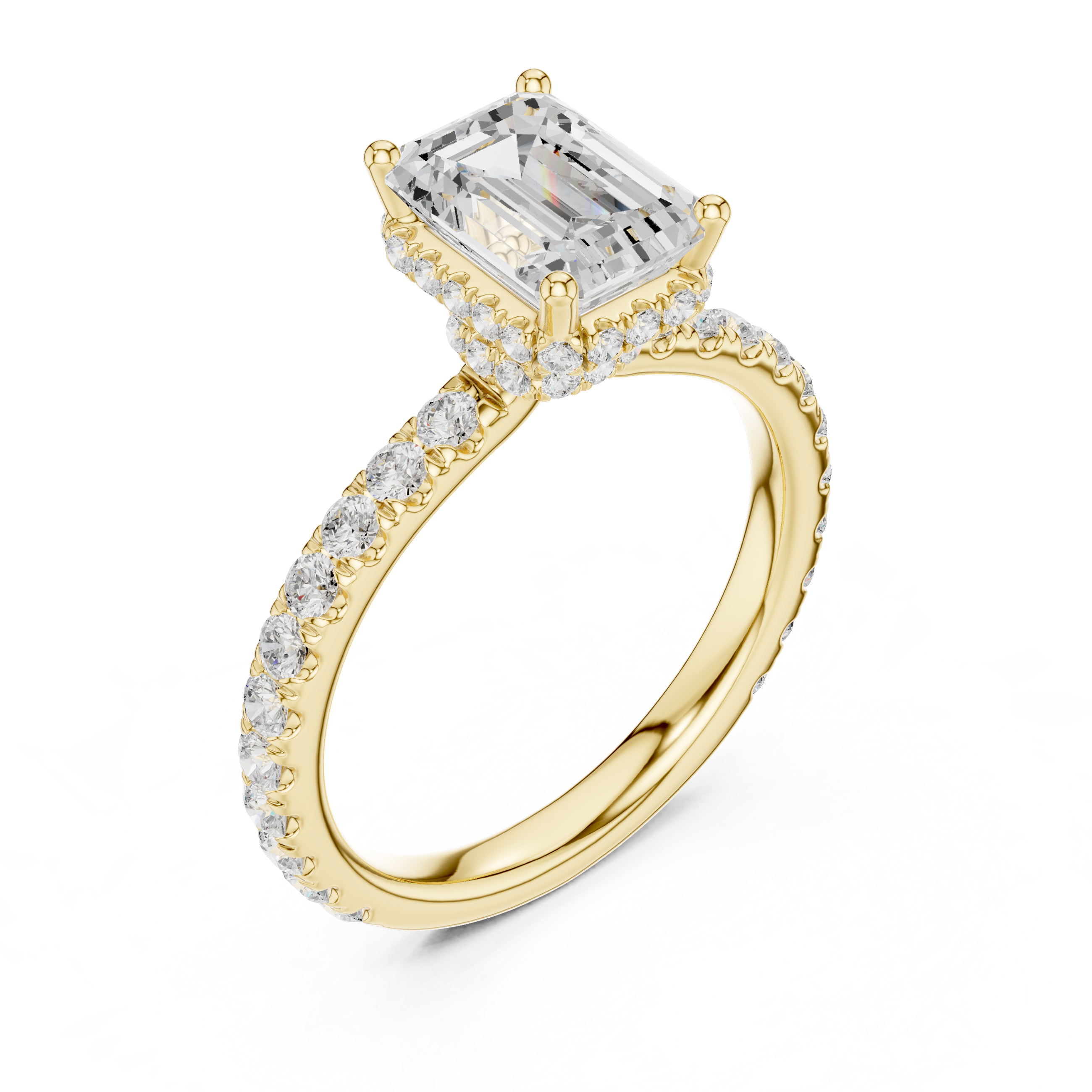 Emerald cut lab diamond halo ring with pavé accents