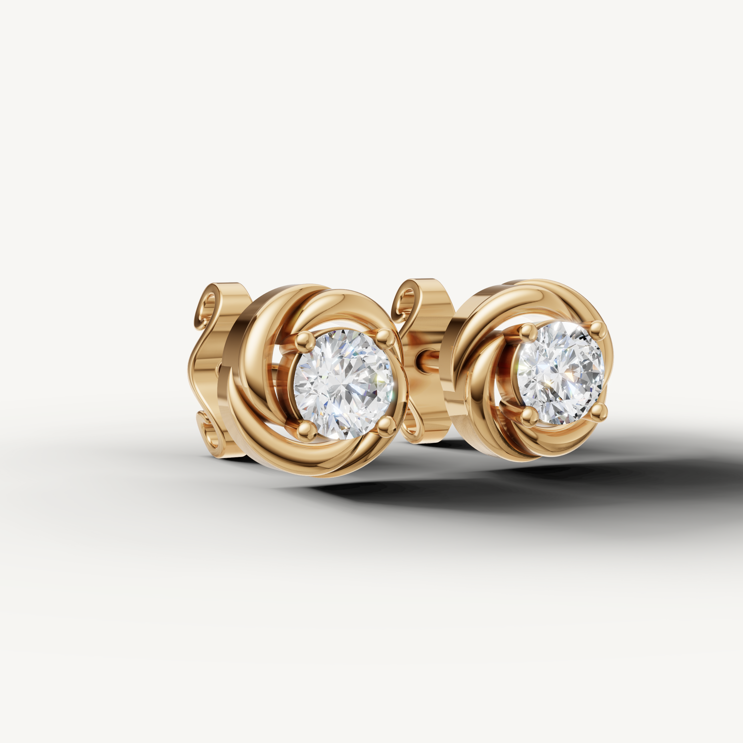 Luxury yellow gold diamond stud earrings with spiral halo setting and sparkling round diamonds by Raul Diamonds