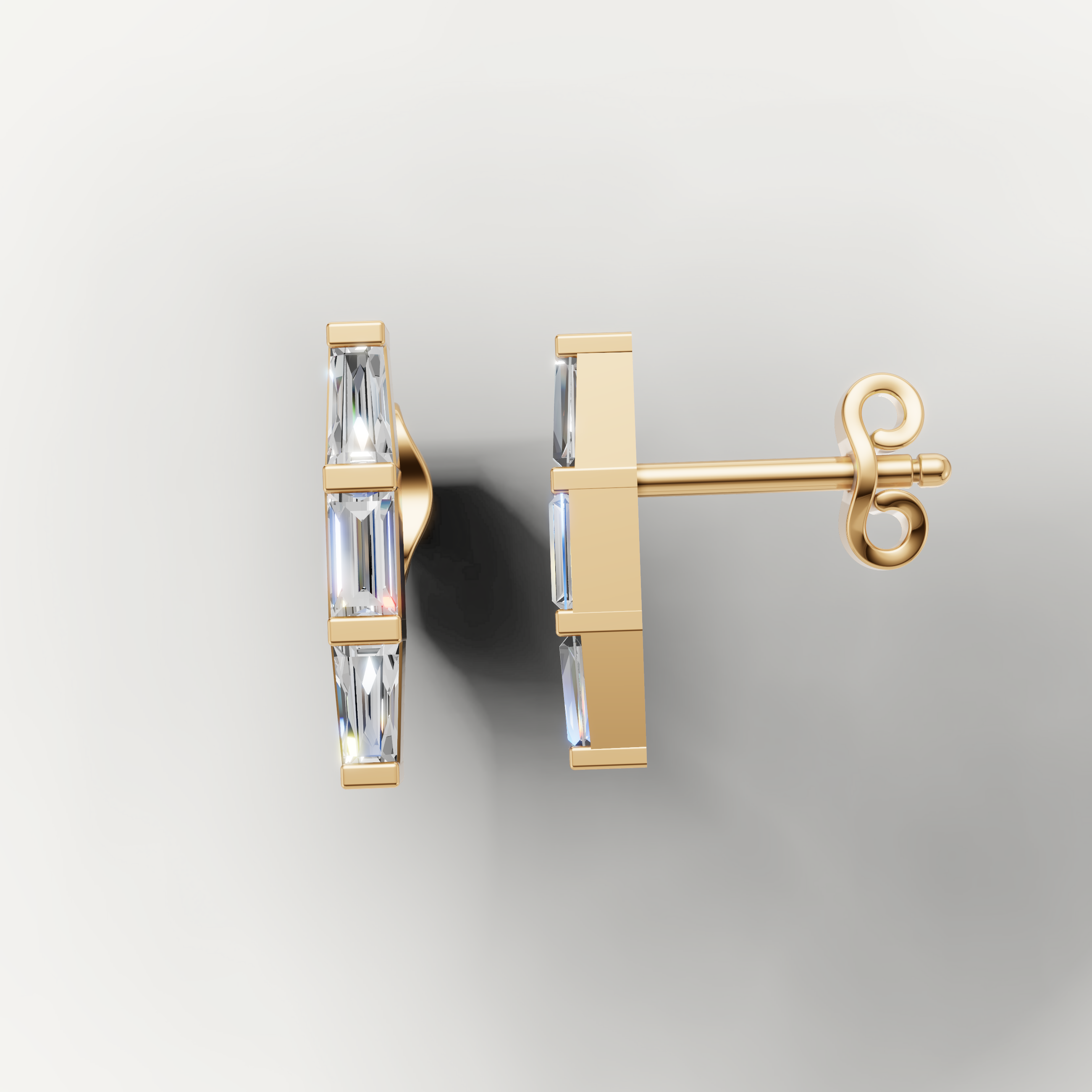 Yellow gold vertical baguette diamond earrings by Raul Diamonds with minimalist luxury