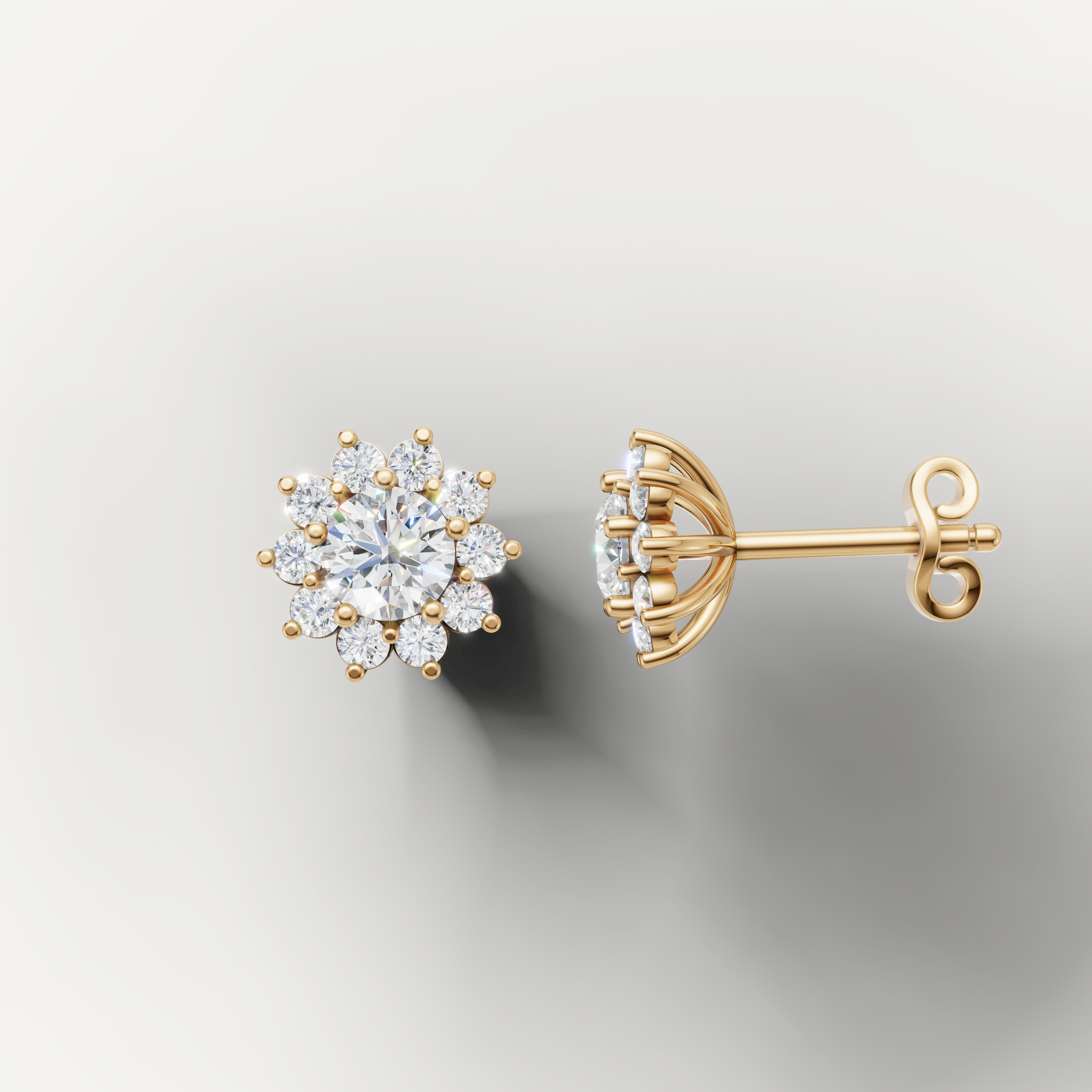 Elegant yellow gold floral halo diamond earrings with radiant brilliance by Raul Diamonds