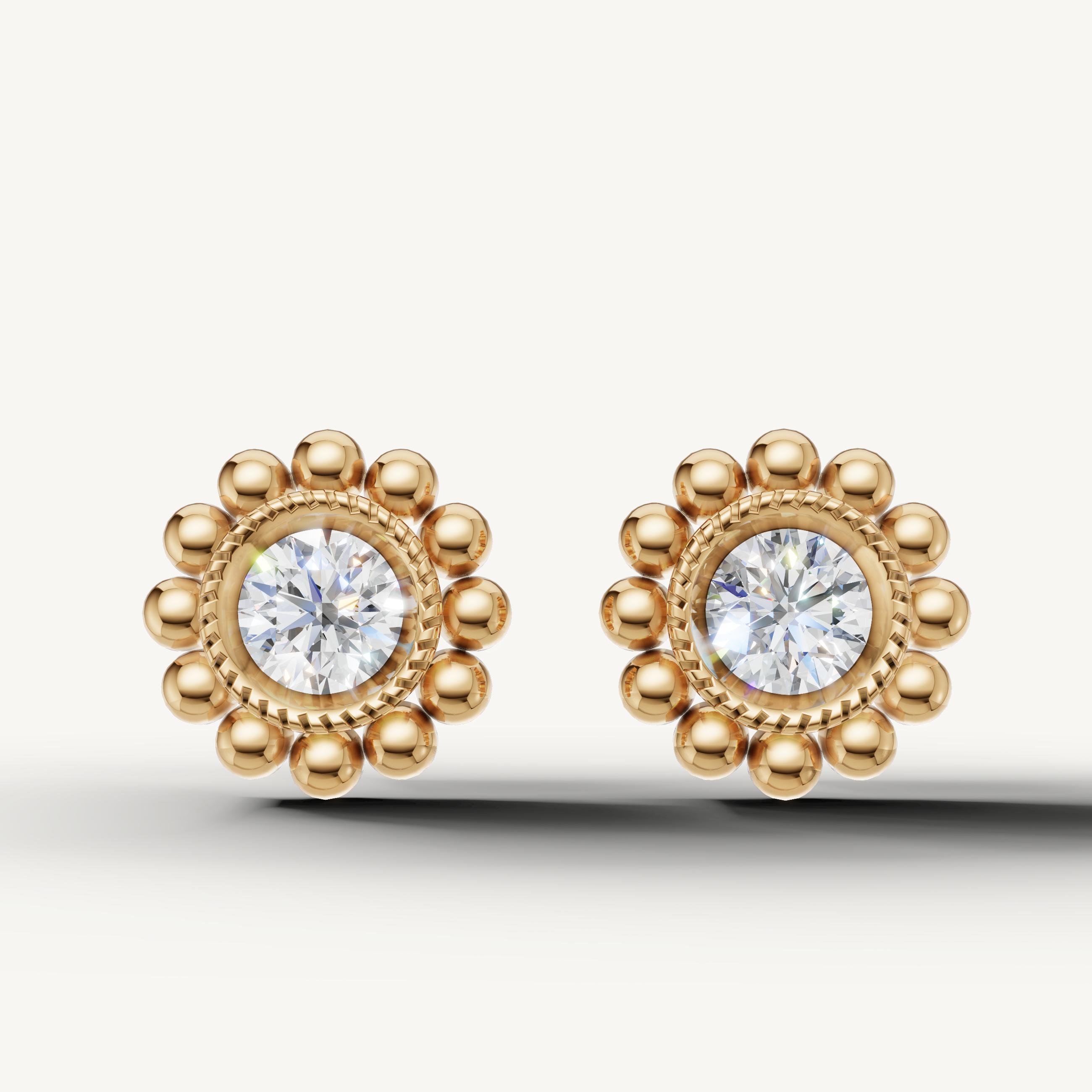 Raul Diamonds yellow gold vintage halo diamond stud earrings with beaded floral design