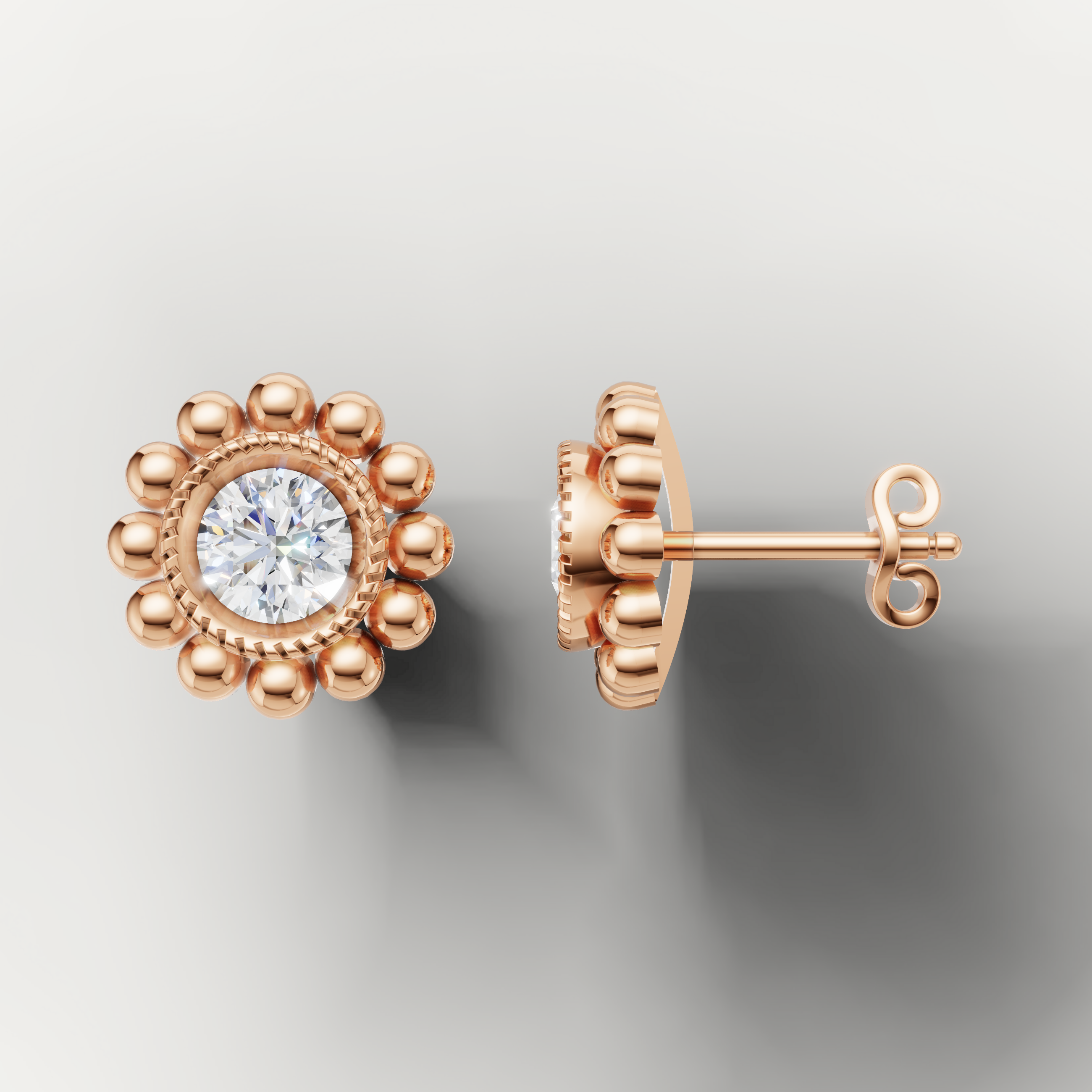 Rose gold round diamond floral earrings by Raul Diamonds with luxury milgrain finish