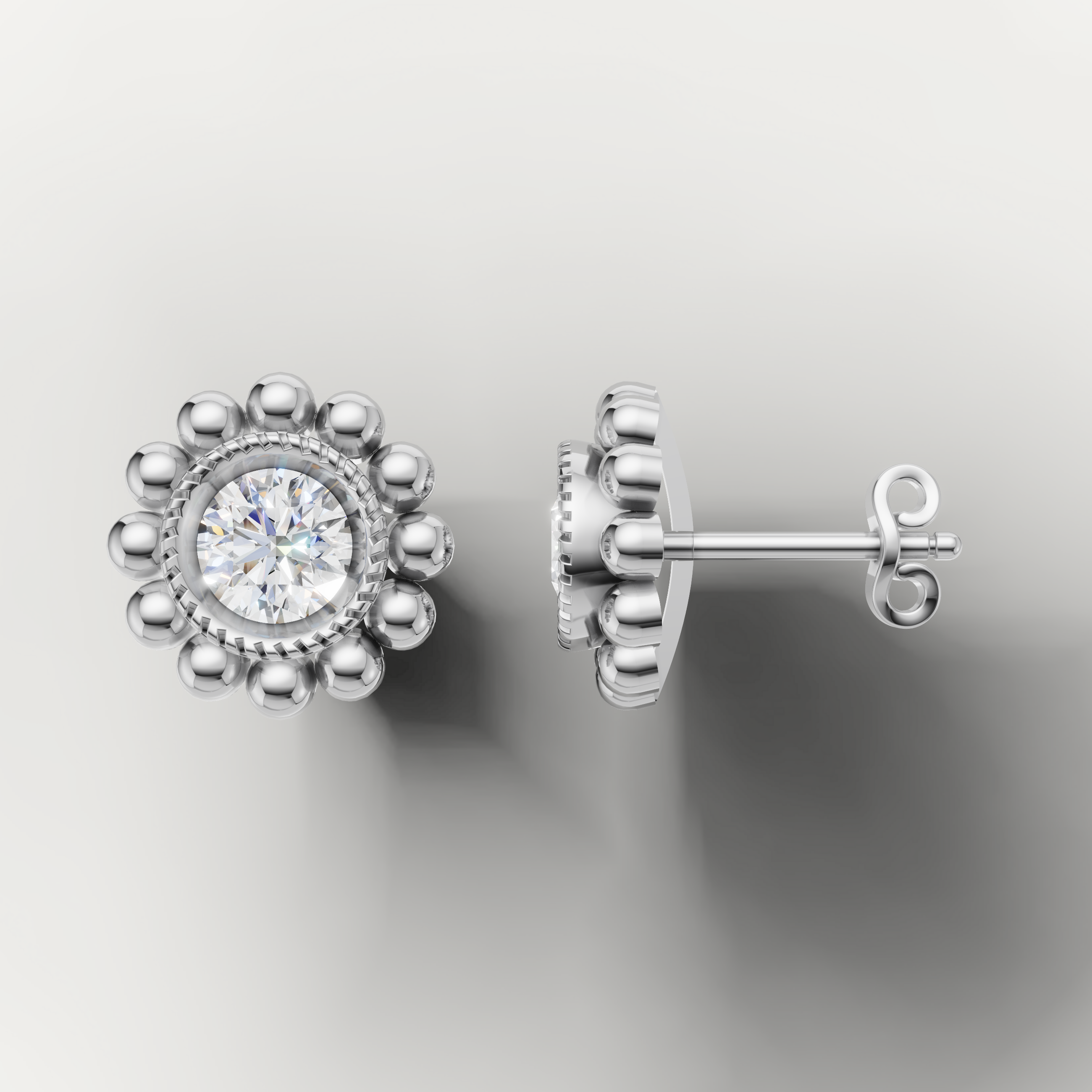 White gold round diamond floral earrings by Raul Diamonds with elegant milgrain detailing