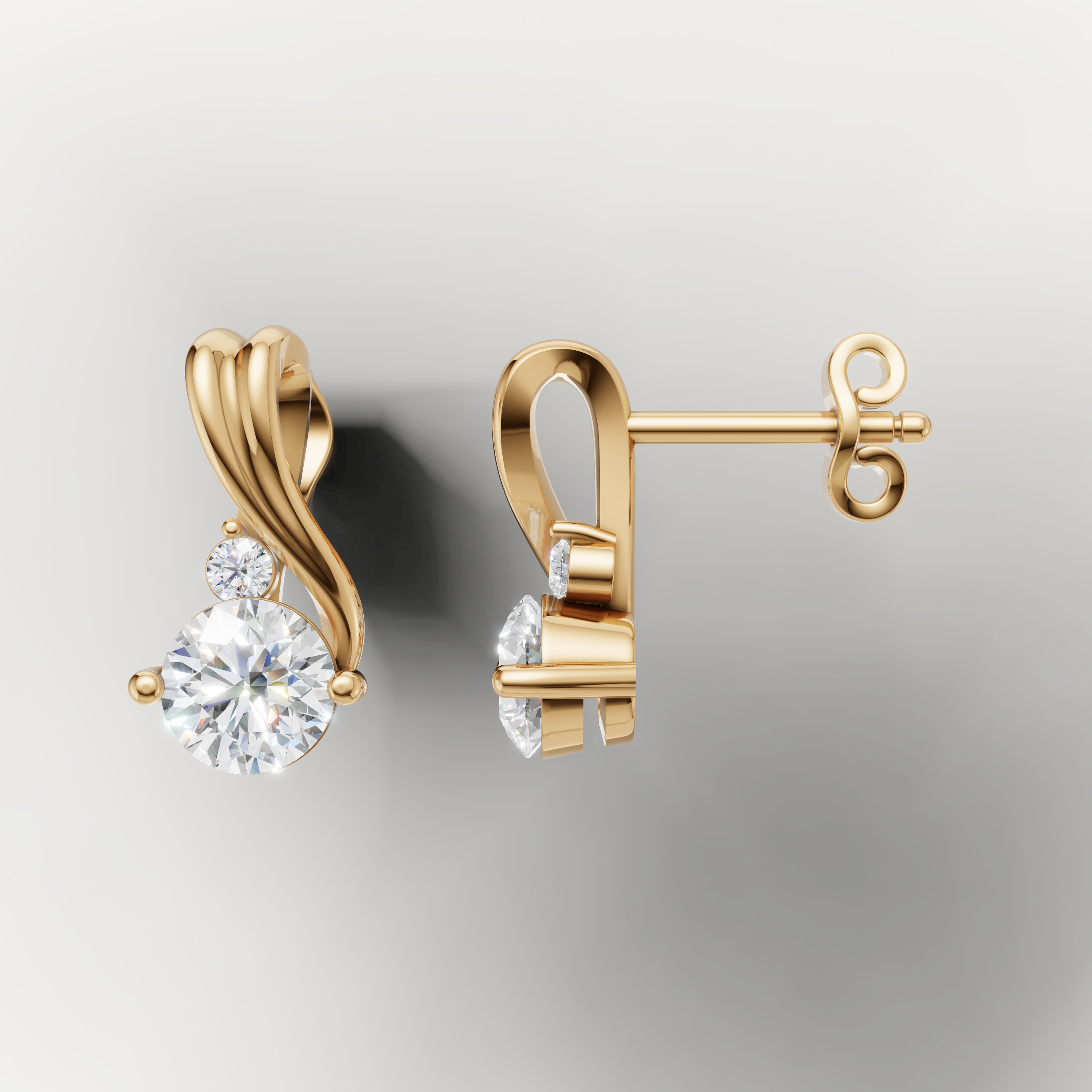Yellow gold swirl diamond earrings by Raul Diamonds with modern luxury sparkle
