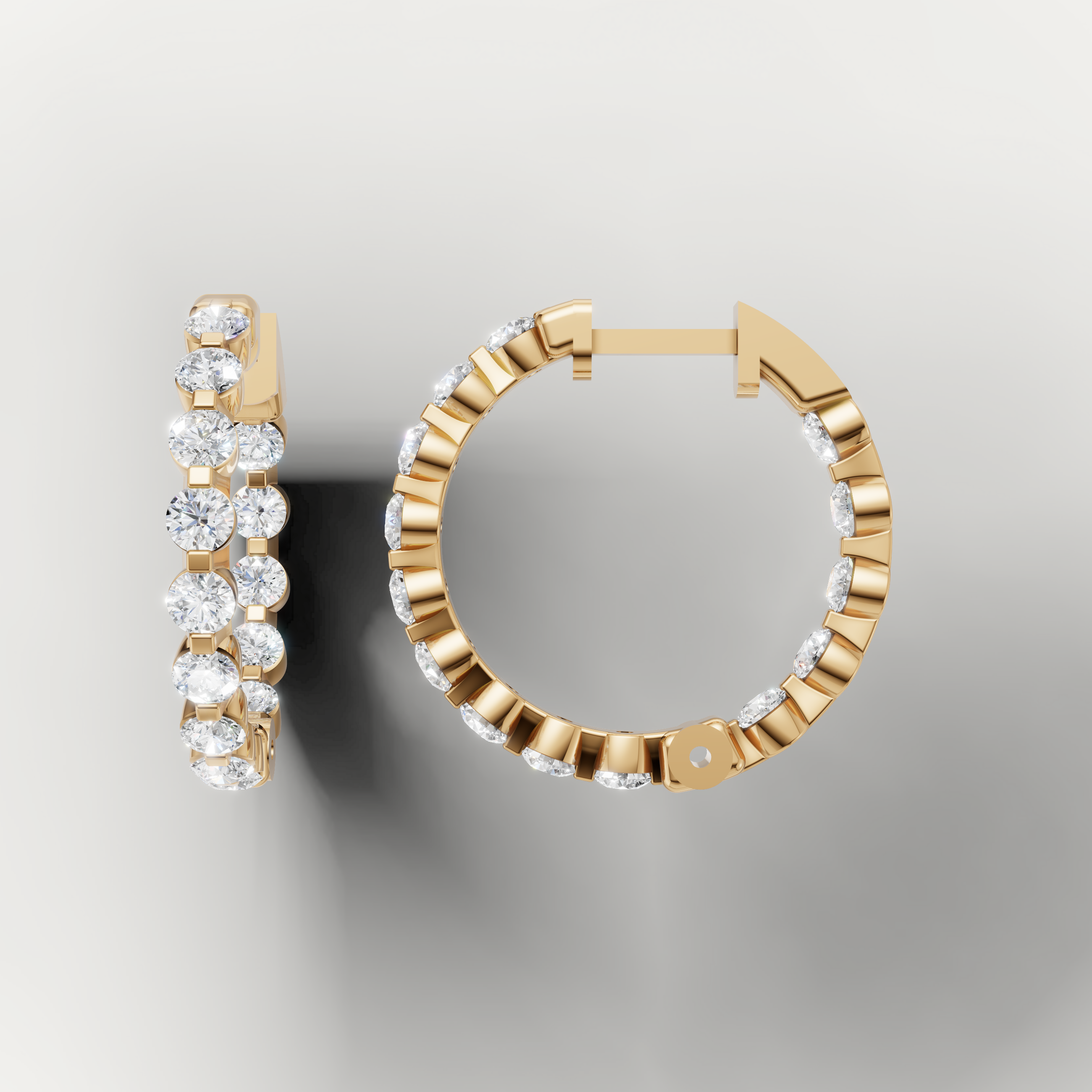 Yellow gold round diamond hoop earrings by Raul Diamonds with timeless elegance