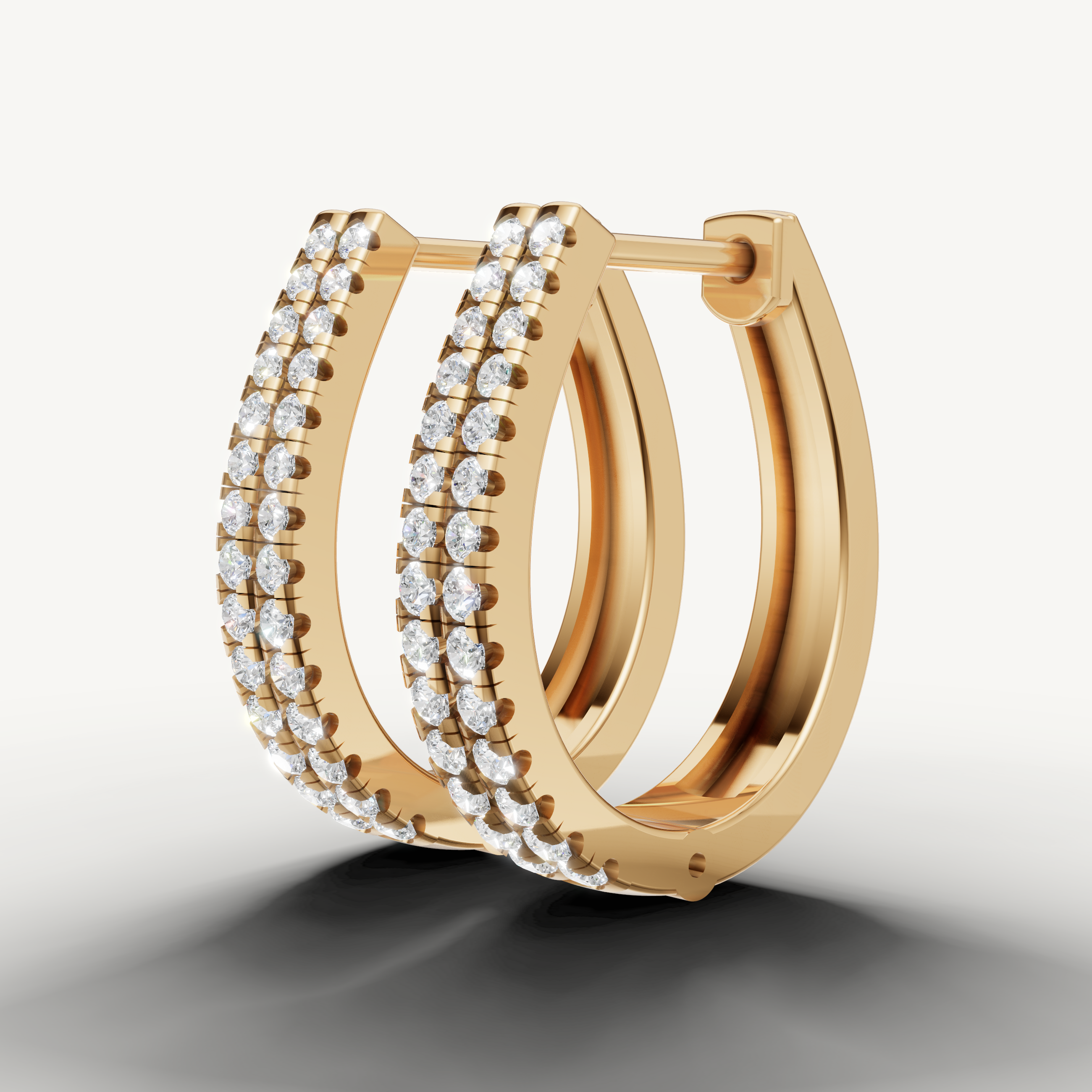 Handmade yellow gold designer hoop earrings with sparkling round diamonds