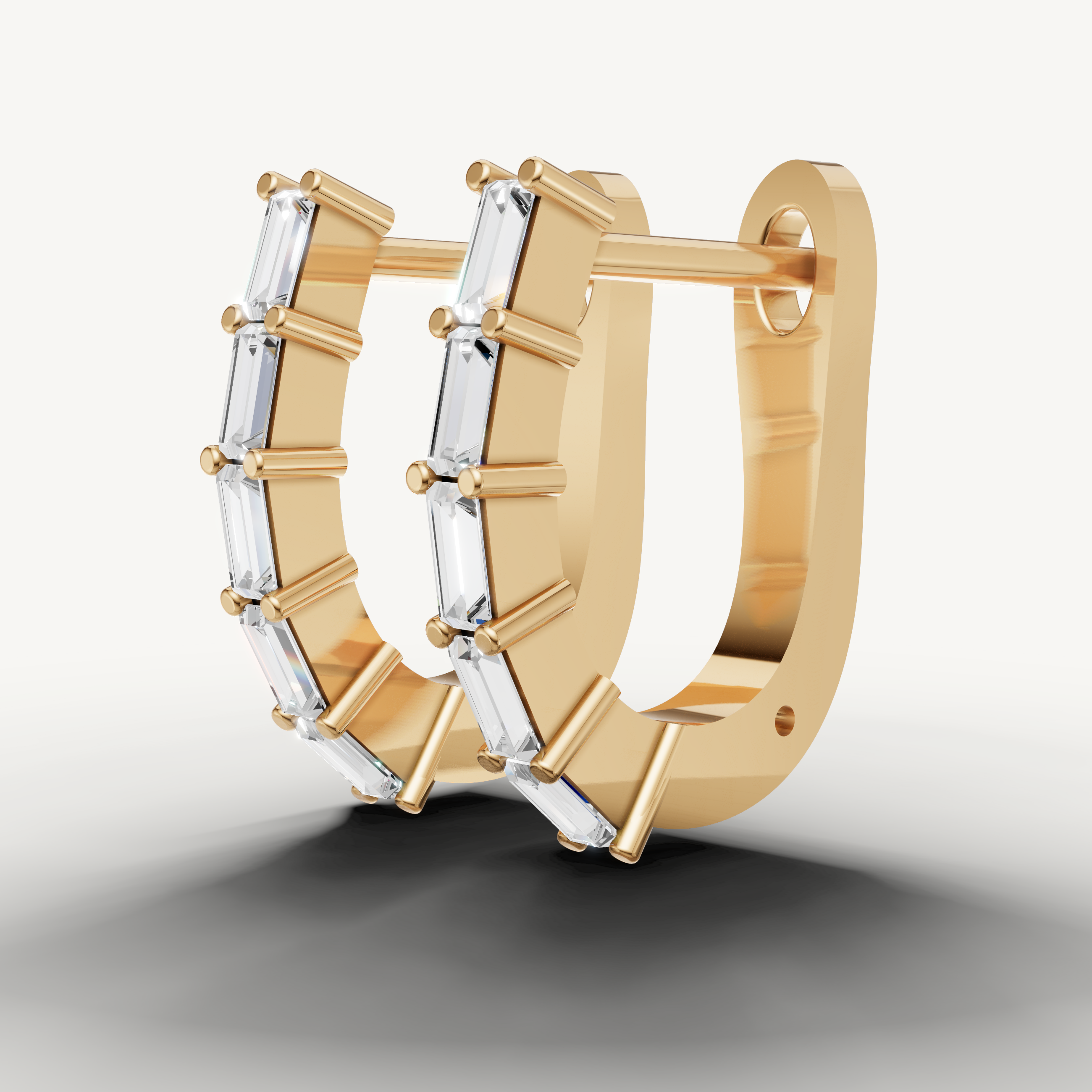 Handmade yellow gold designer earrings with sparkling baguette diamonds for women