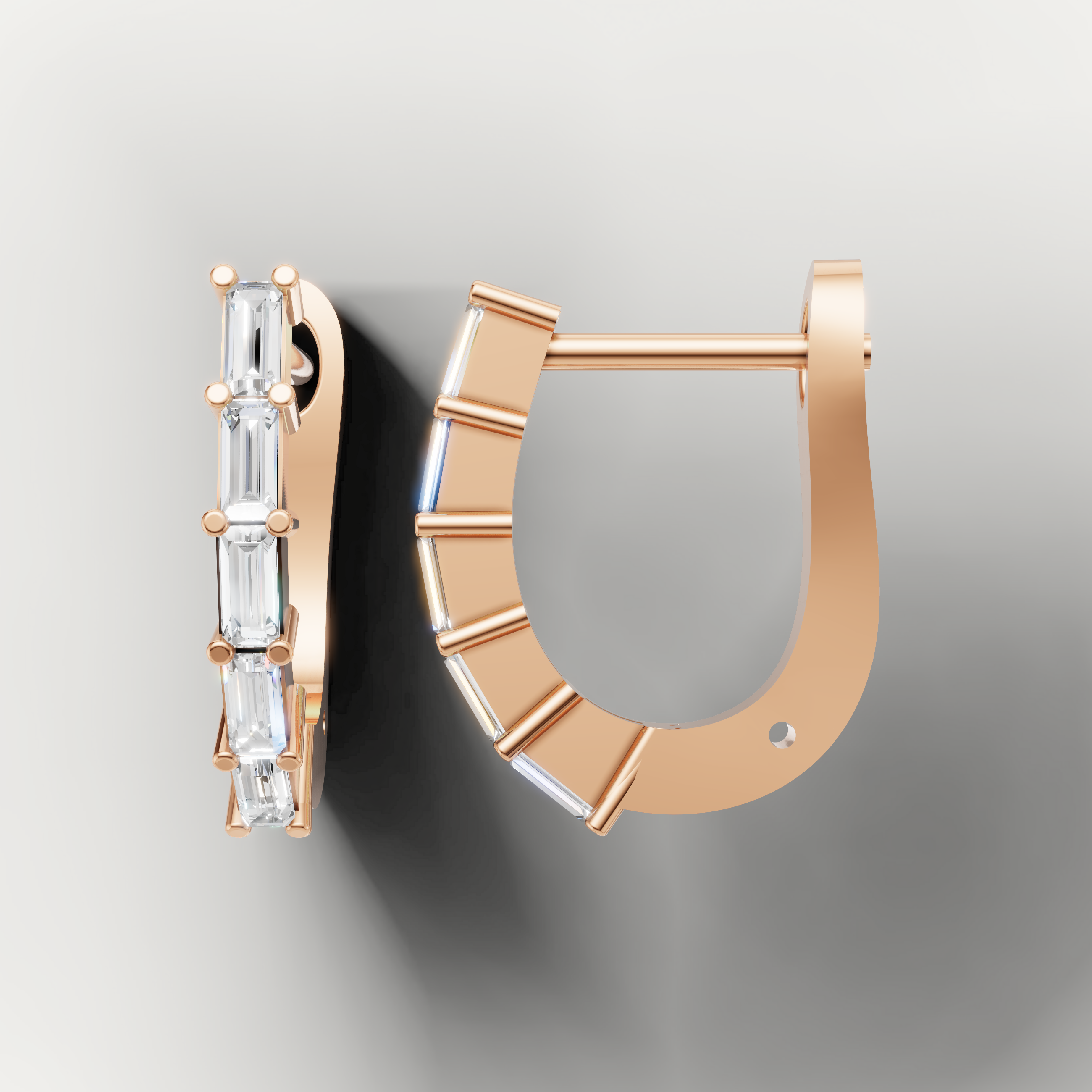 Luxury rose gold diamond huggie earrings featuring vertical baguette diamonds