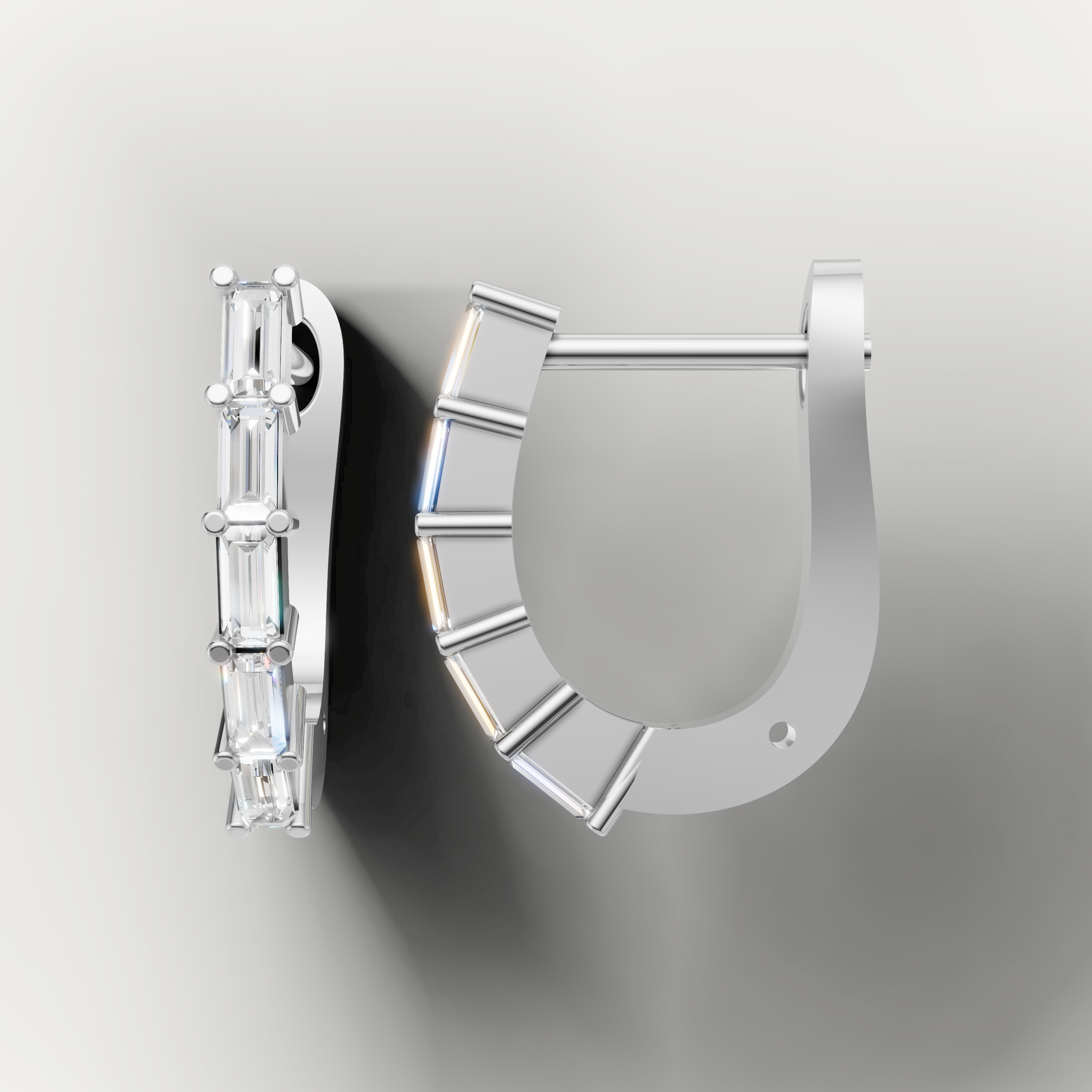 Luxury white gold diamond huggie earrings with elegant baguette cut stones