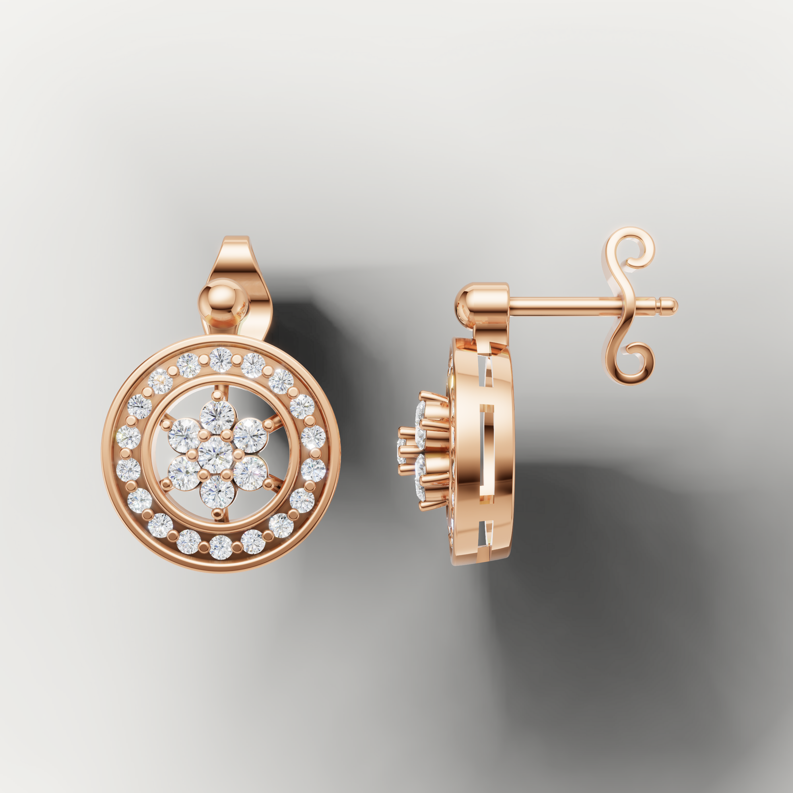 Elegant rose gold halo diamond earrings with flower inspired design