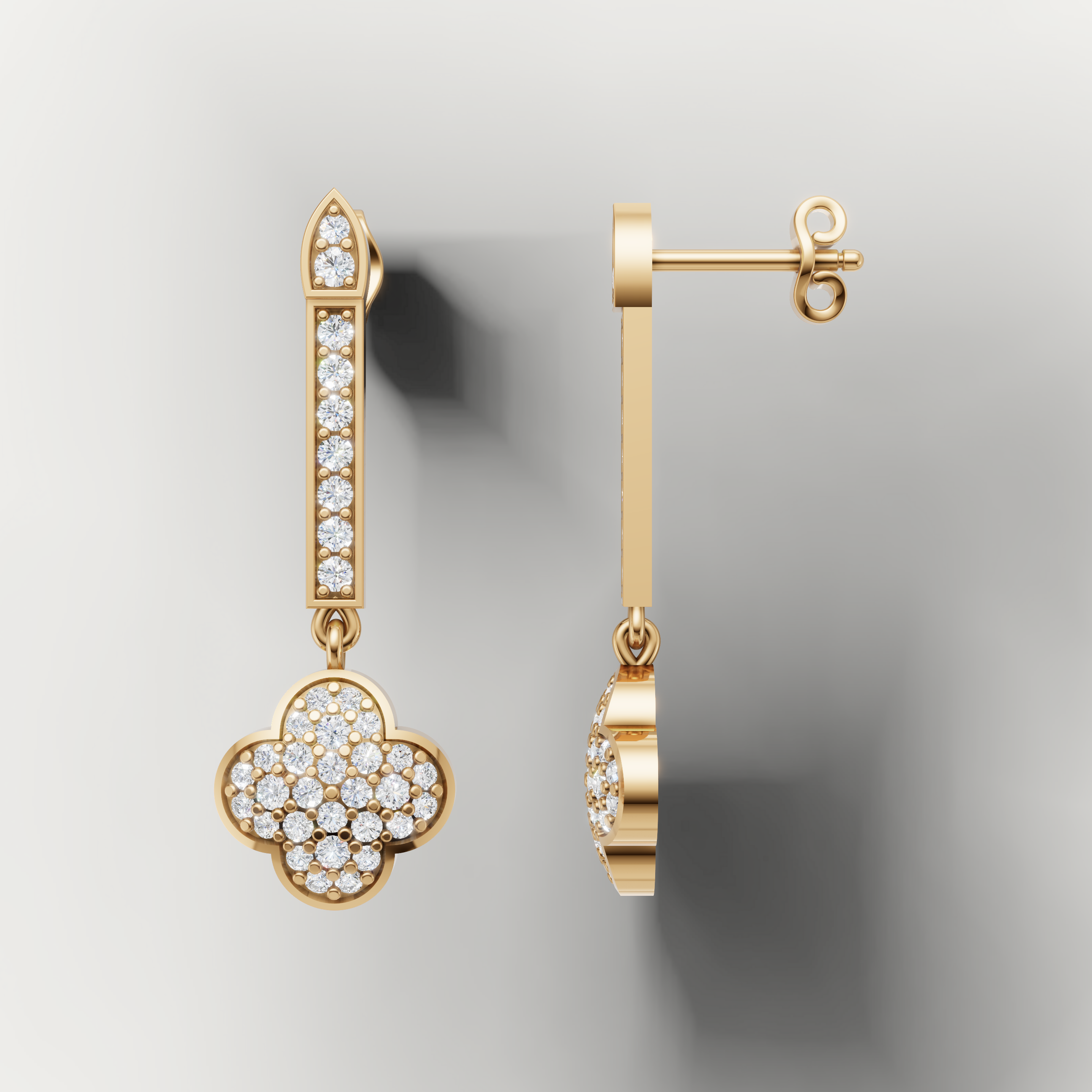 Elegant yellow gold floral diamond dangle earrings by Raul Diamonds
