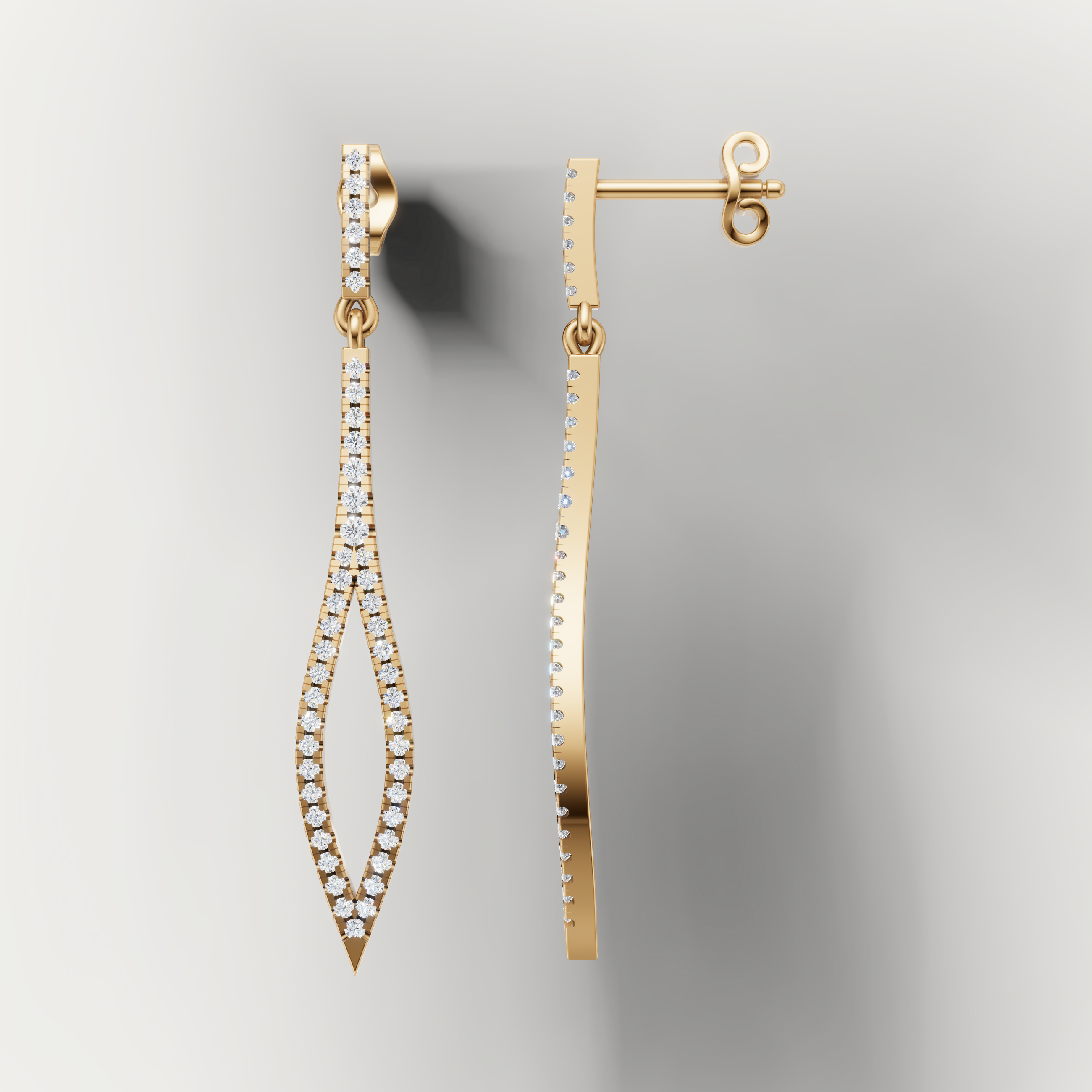 Elegant yellow gold long diamond dangle earrings Raul Diamonds