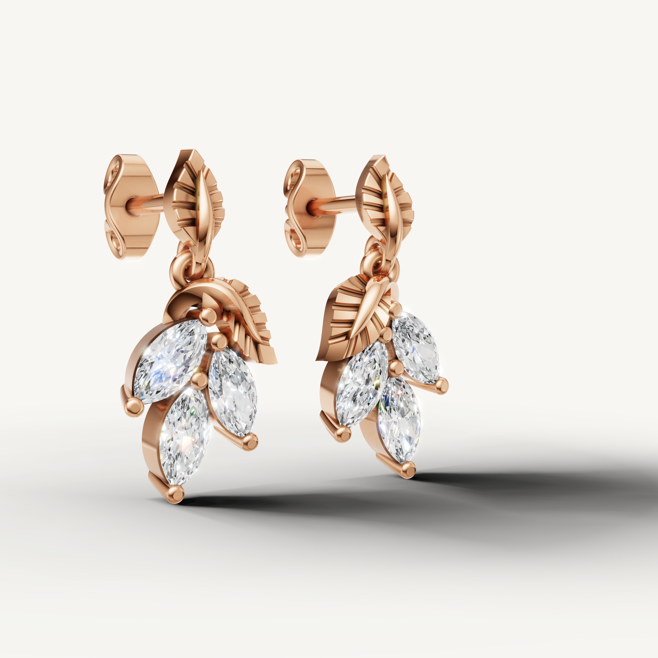 Elegant rose gold nature inspired dangling diamond earrings by Raul Diamonds