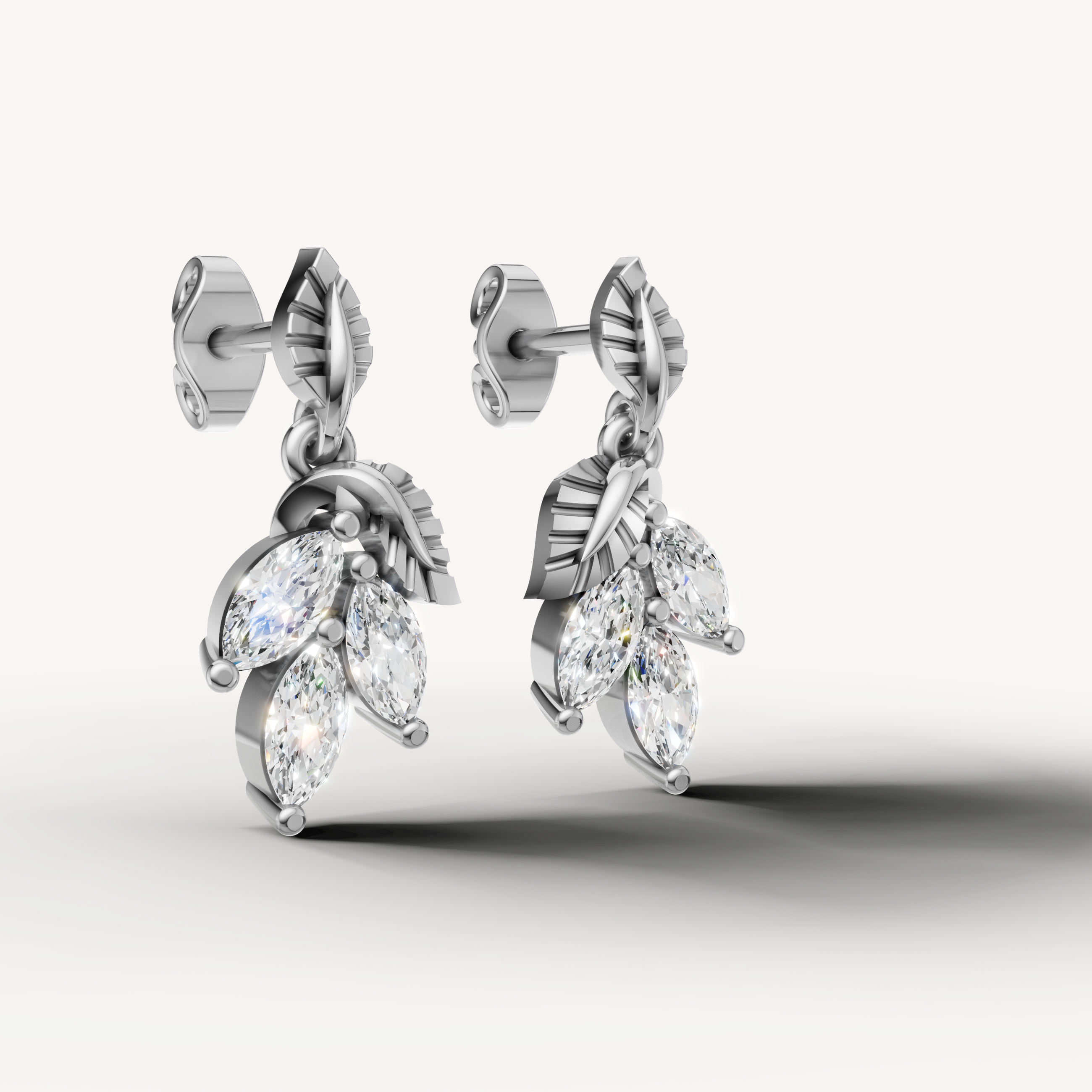 Luxury white gold leaf pattern marquise diamond earrings fine jewelry design
